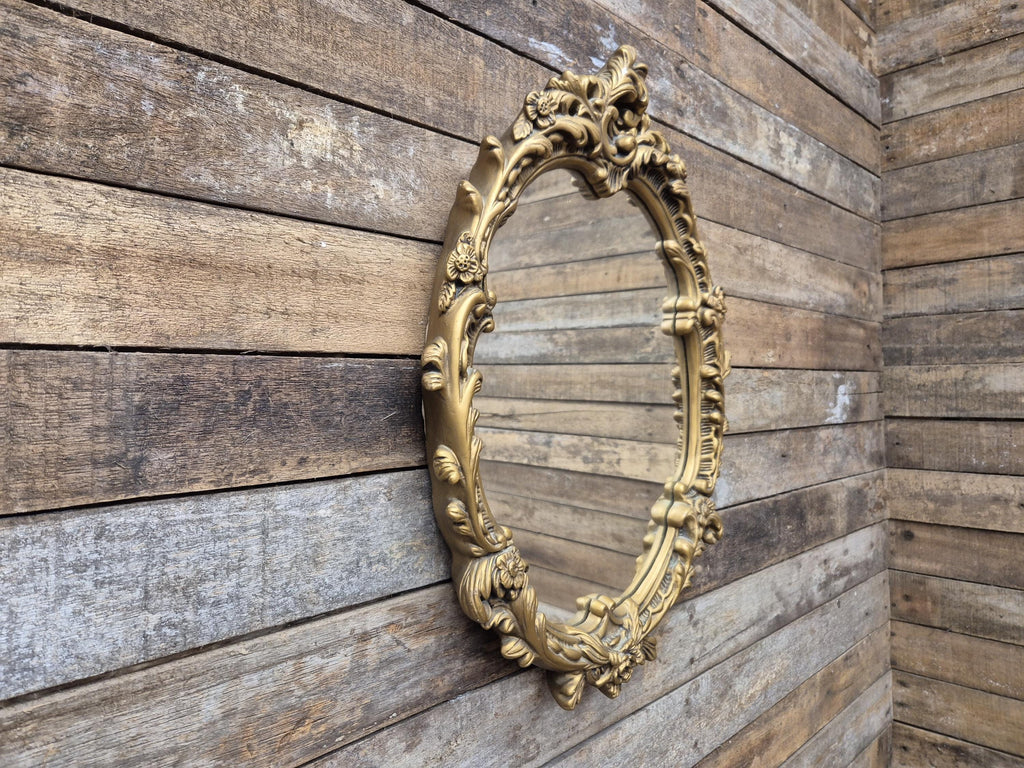Vintage Plaster Rococo Gold Gilt Style Ornate Oval Mantle Wall Mirror