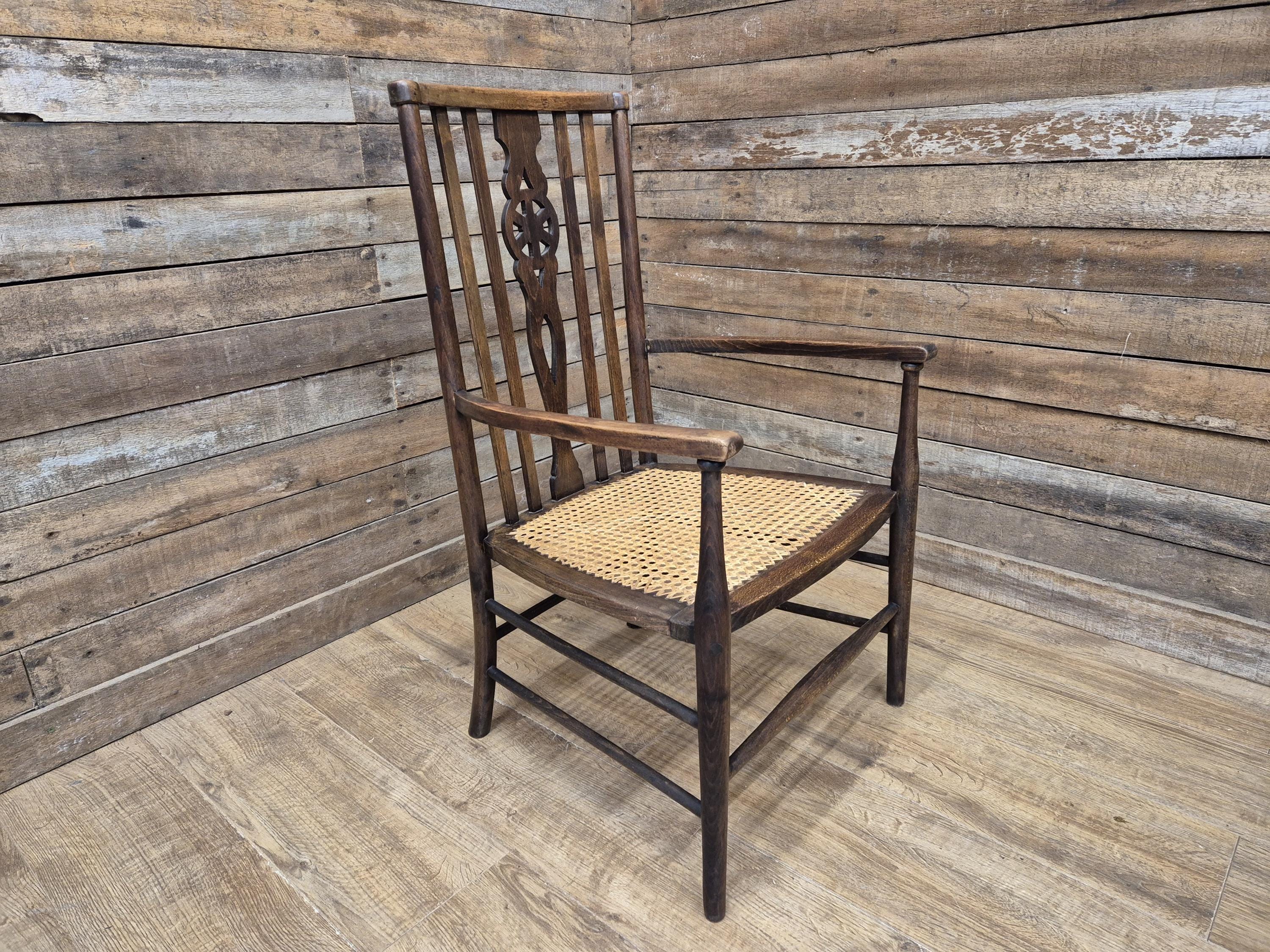 Late 19thC Arts & Craft Open Armchair Bergere Reed Seat Antique Hall Chair