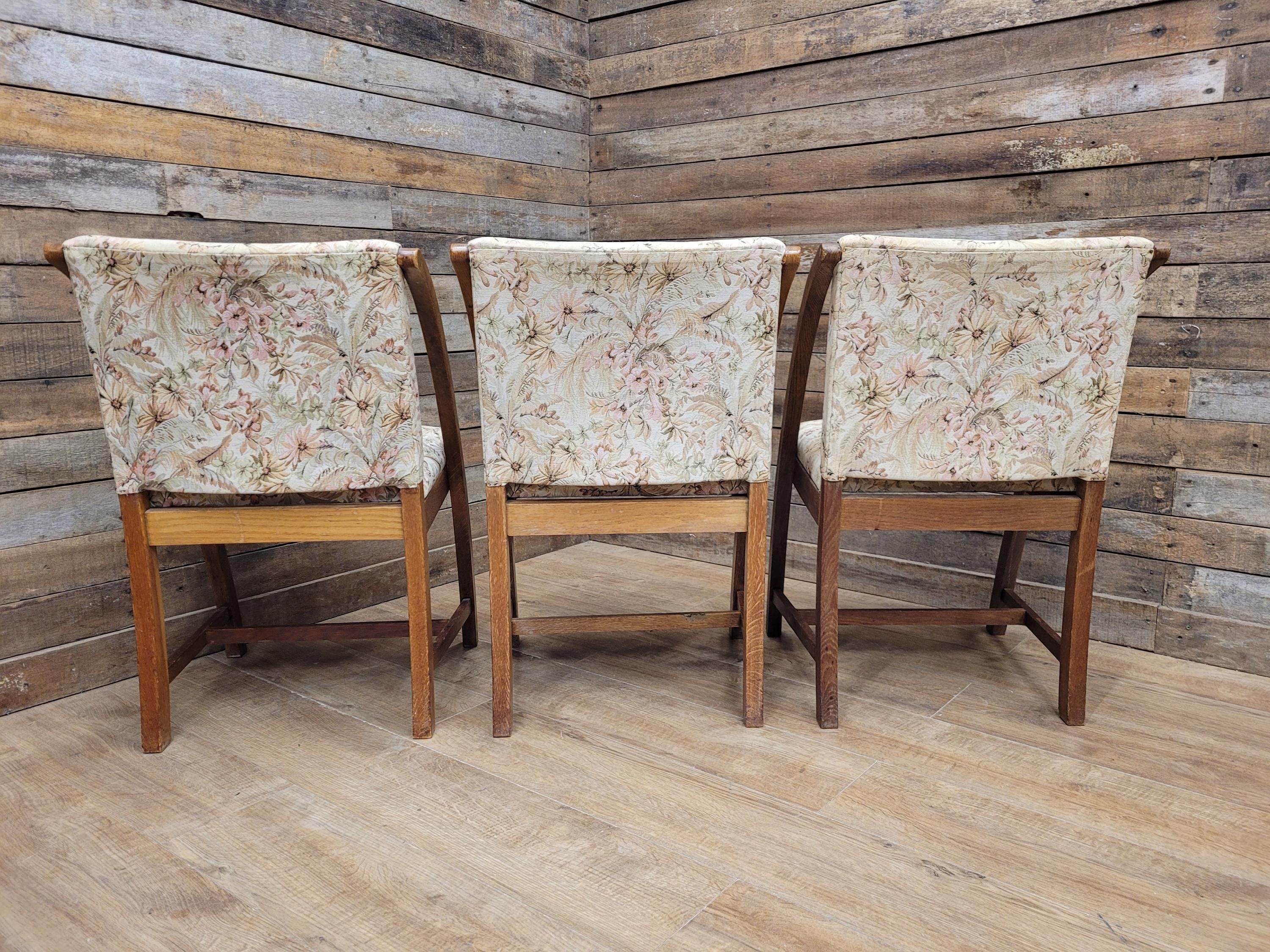 Vintage Oak Mid Century Arched Dining Chairs Set of 3 Floral Upholstery