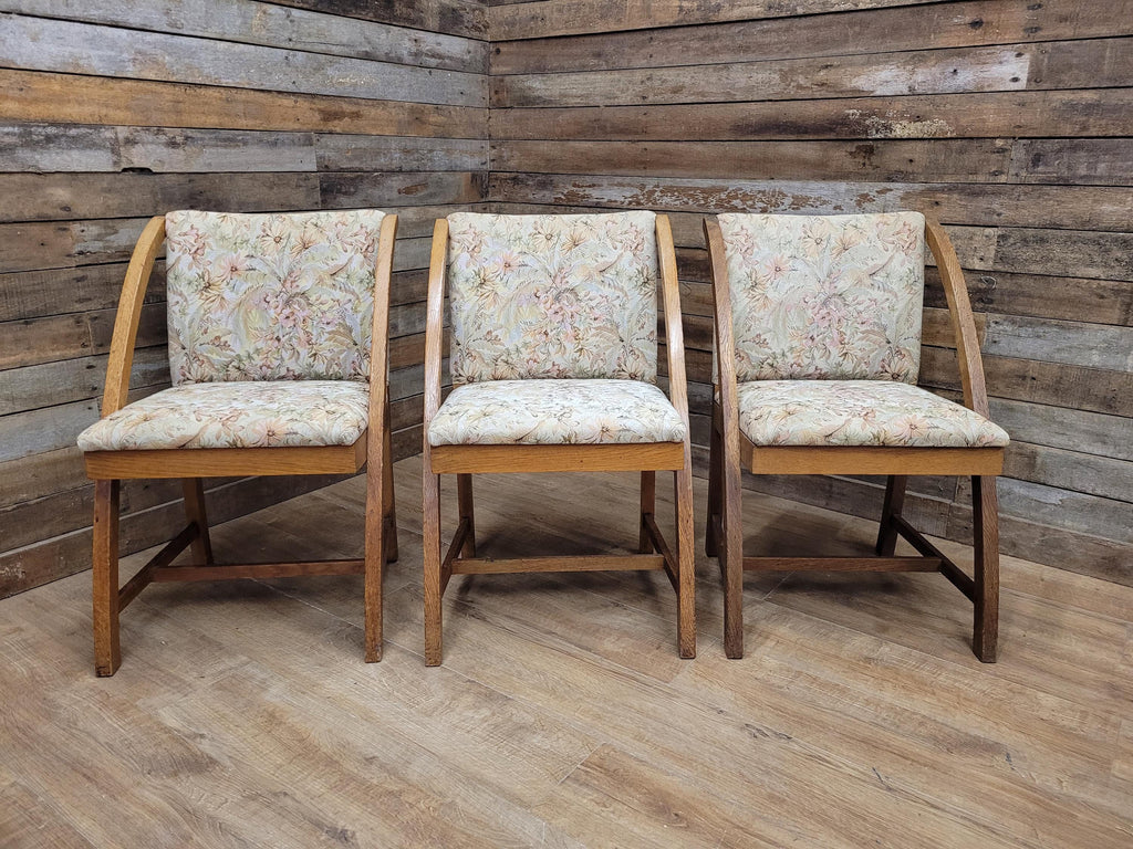 Vintage Oak Mid Century Arched Dining Chairs Set of 3 Floral Upholstery