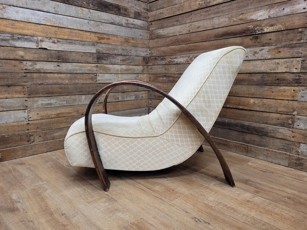 Vintage Art Deco Bentwood Lounge Chair Curved Oak Arms Beige Fabric