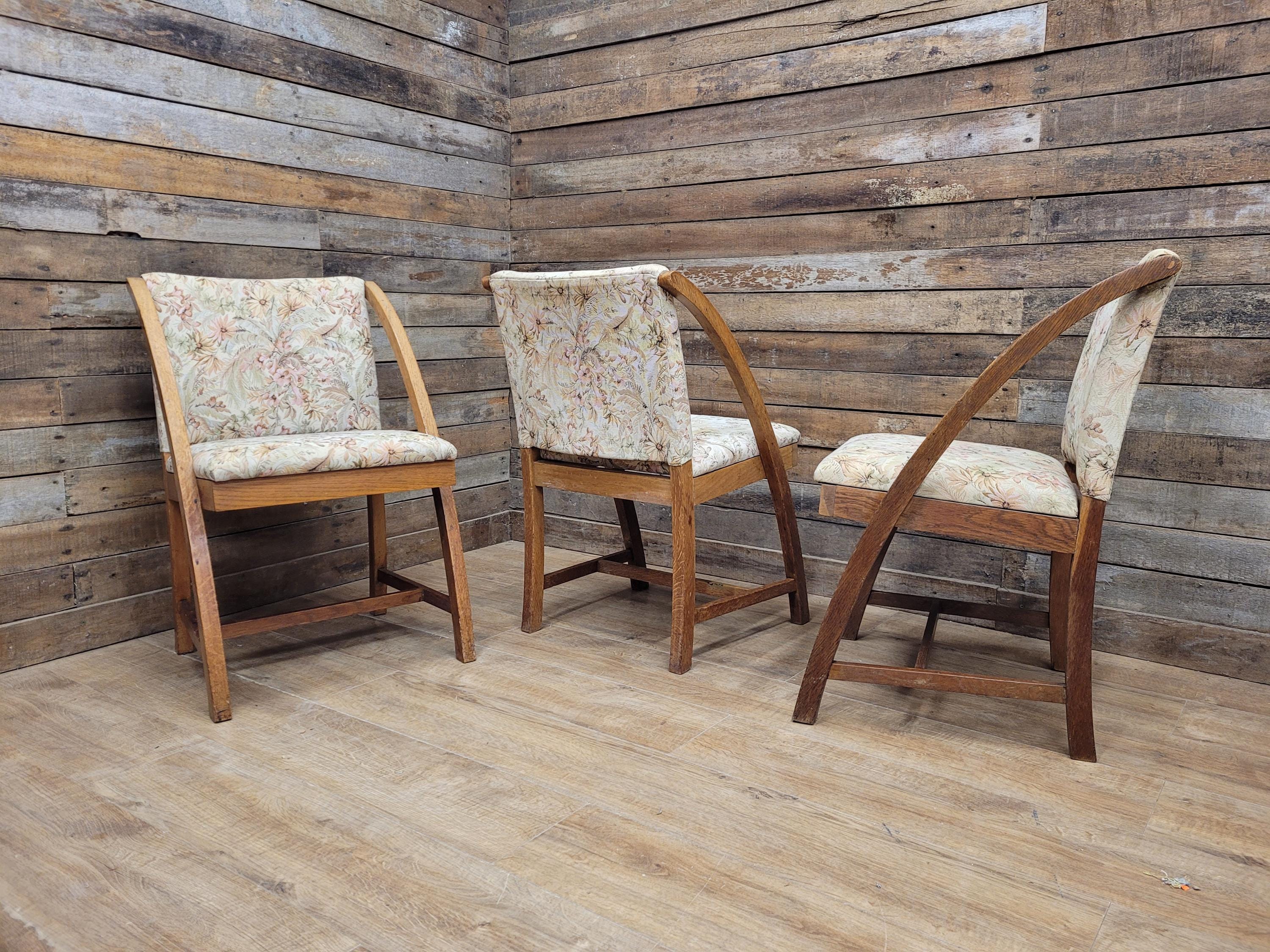 Vintage Oak Mid Century Arched Dining Chairs Set of 3 Floral Upholstery