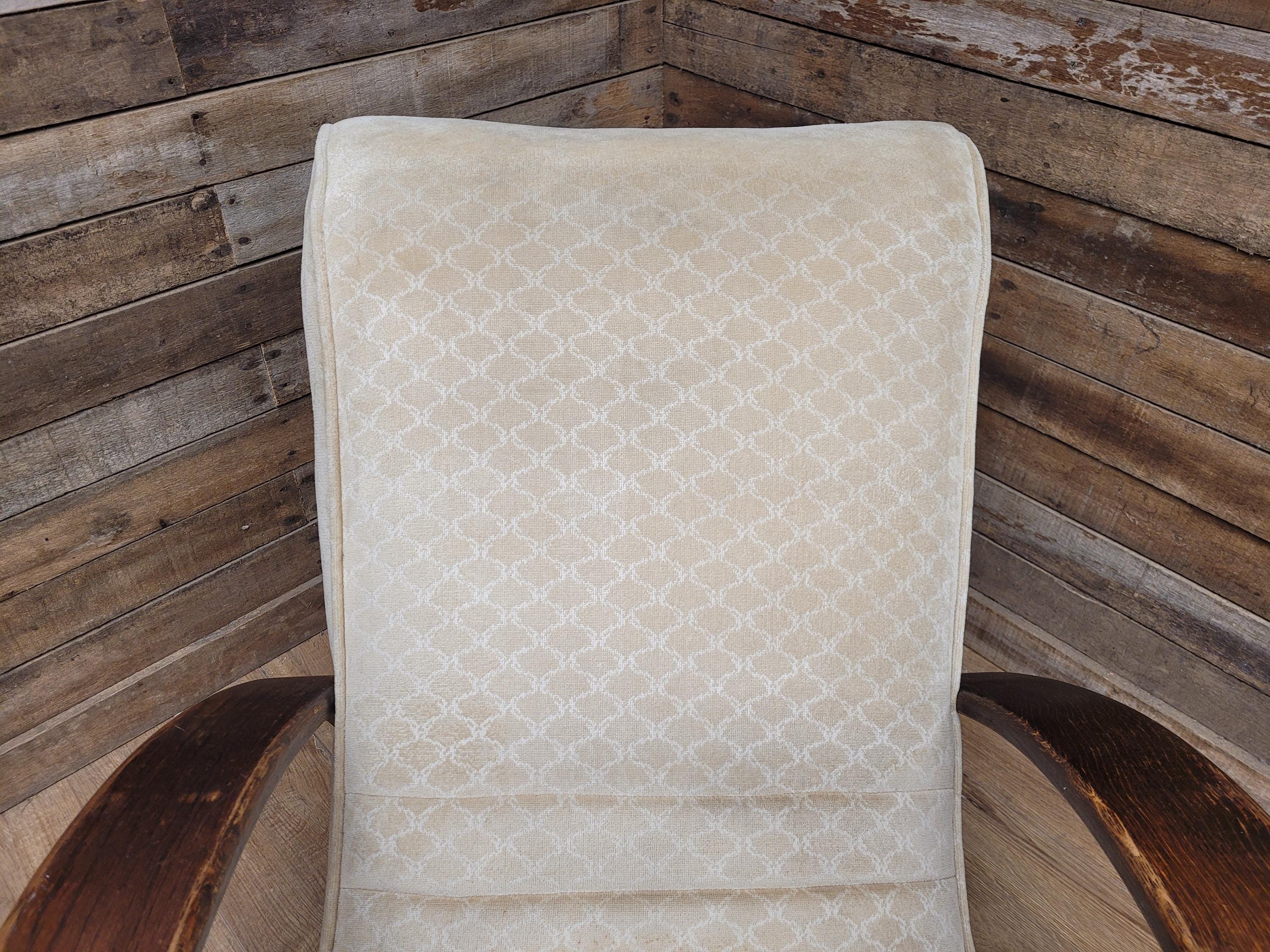 Vintage Art Deco Bentwood Lounge Chair Curved Oak Arms Beige Fabric