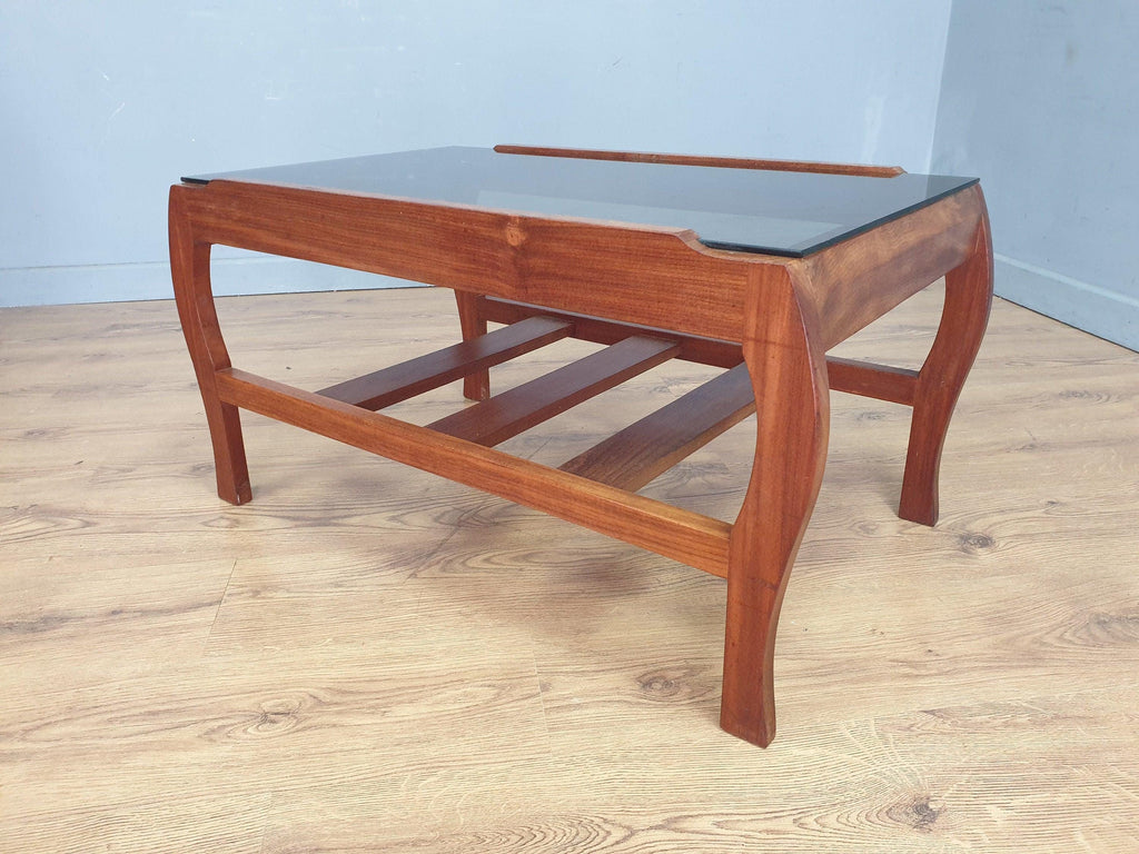 Mid Century Rare Curved Leg Teak Coffee Table Tinted Glass Magazine Rack