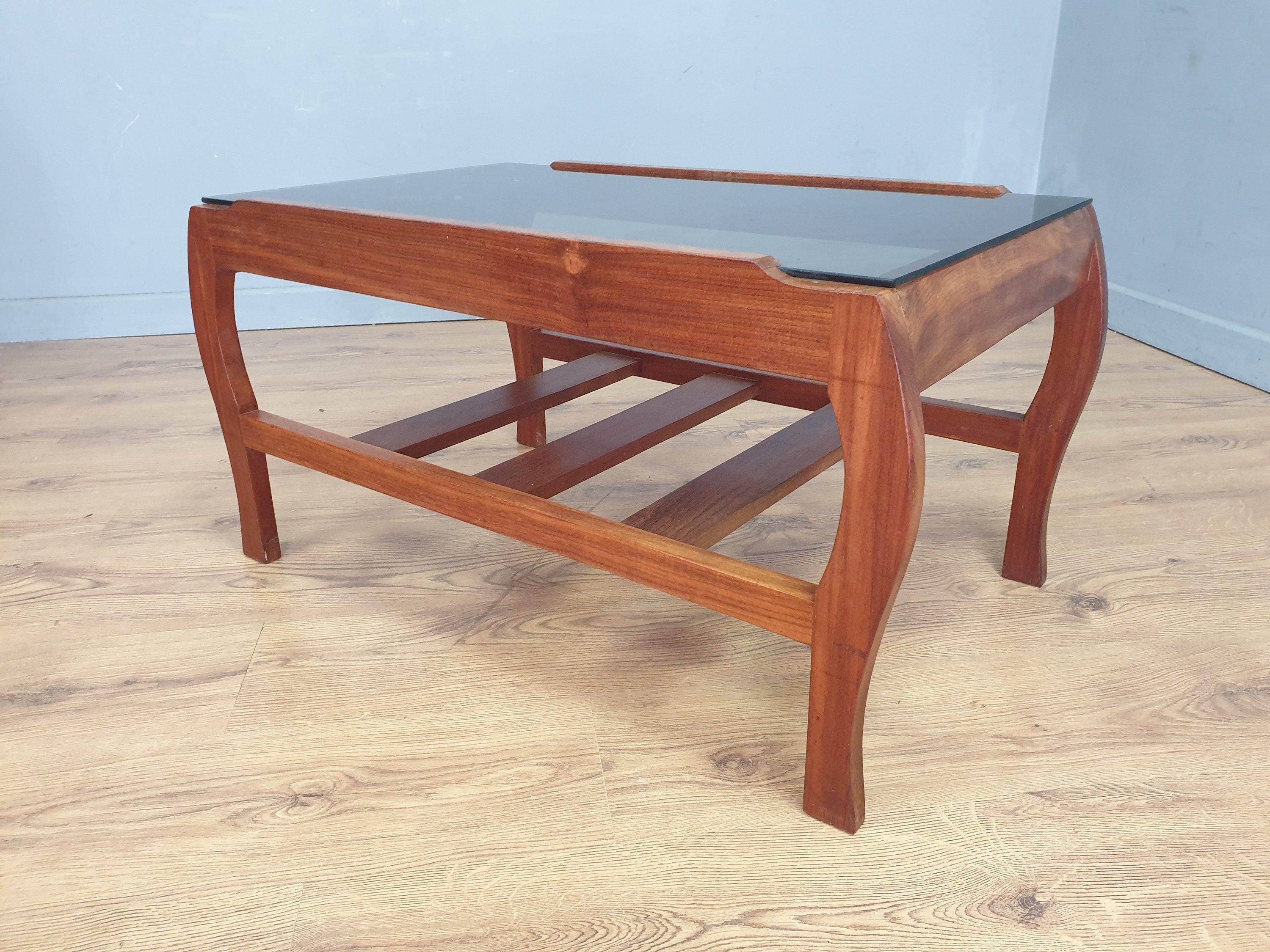 Mid Century Rare Curved Leg Teak Coffee Table Tinted Glass Magazine Rack