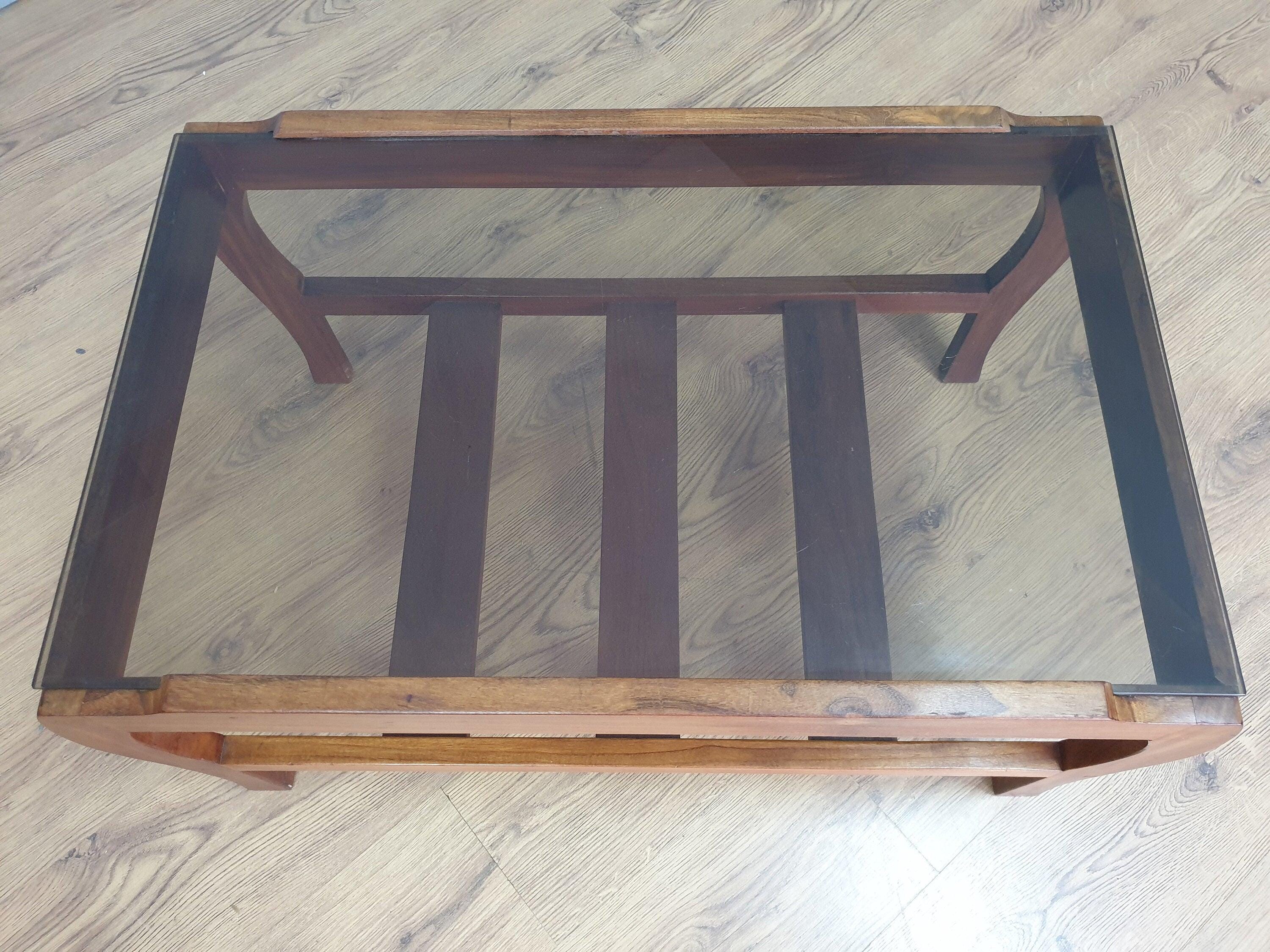 Mid Century Rare Curved Leg Teak Coffee Table Tinted Glass Magazine Rack