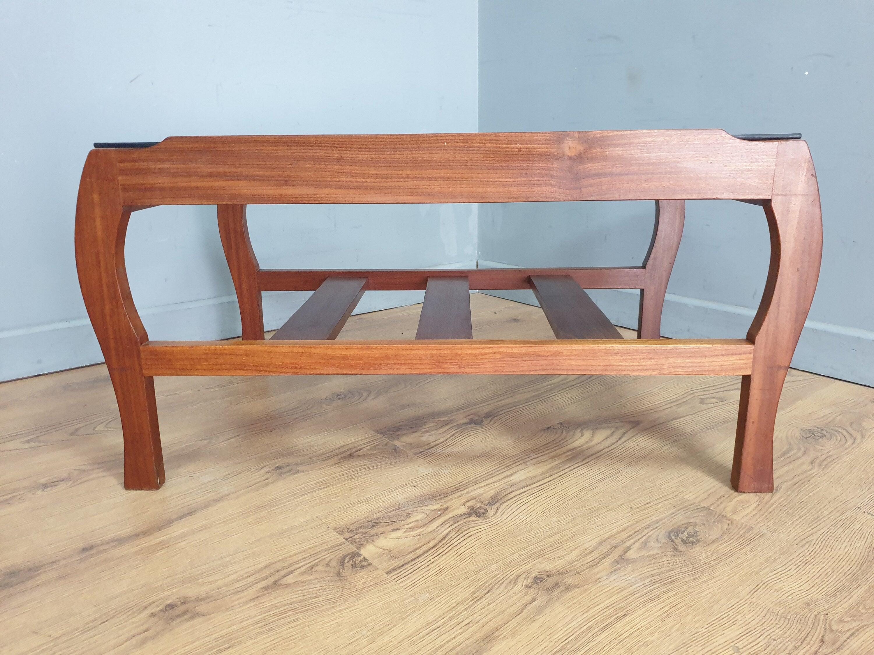 Mid Century Rare Curved Leg Teak Coffee Table Tinted Glass Magazine Rack