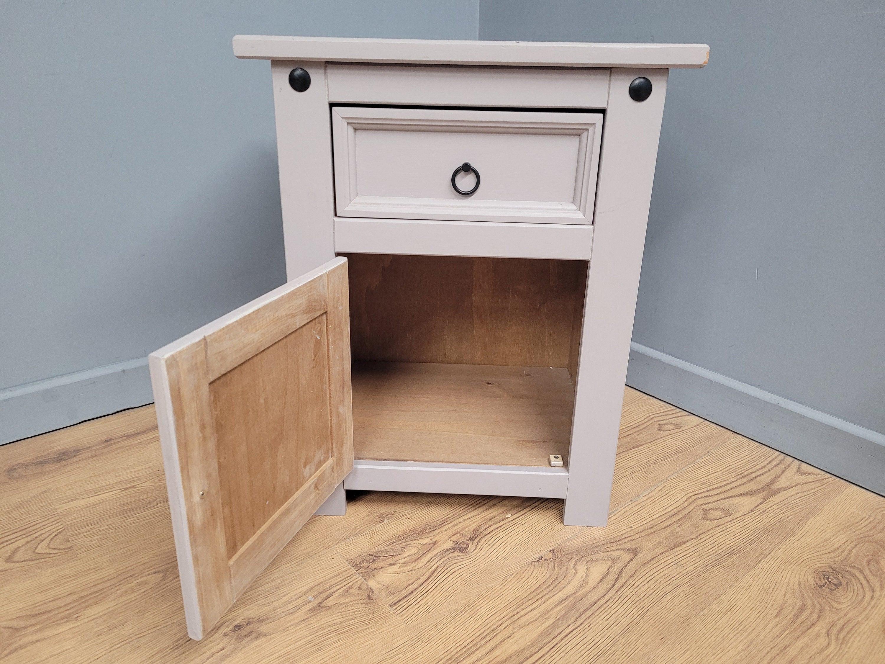 Vintage Shabby Chic Hand Painted Bedside Cabinet Black Iron Detail