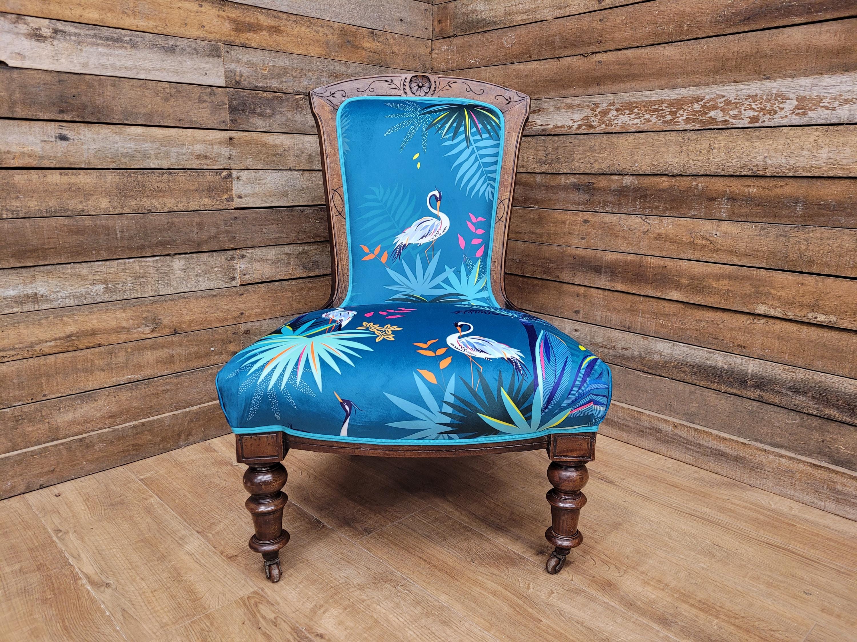 Antique Victorian Walnut Bedroom Chair Designer Upholstered Crane Velvet Fabric