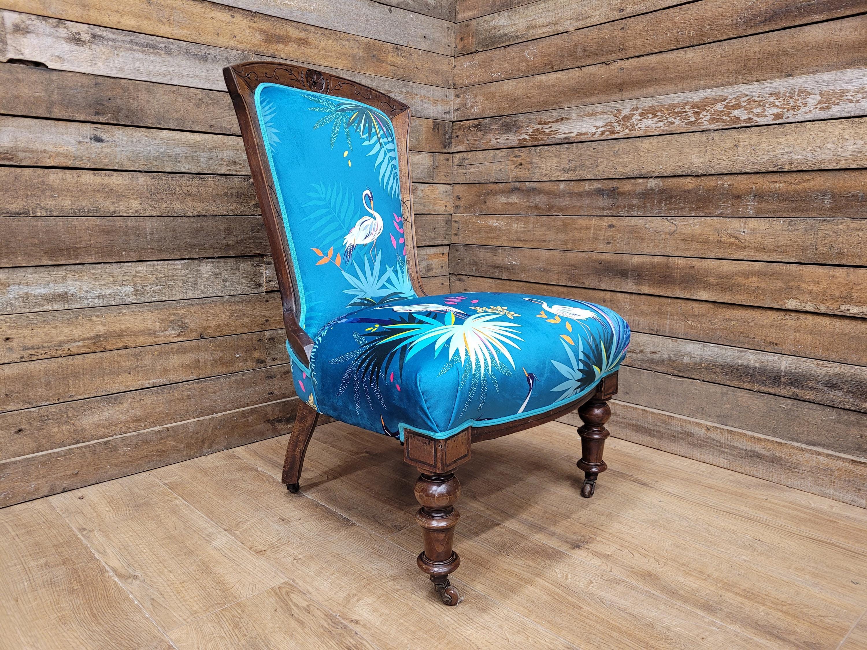 Antique Victorian Walnut Bedroom Chair Designer Upholstered Crane Velvet Fabric