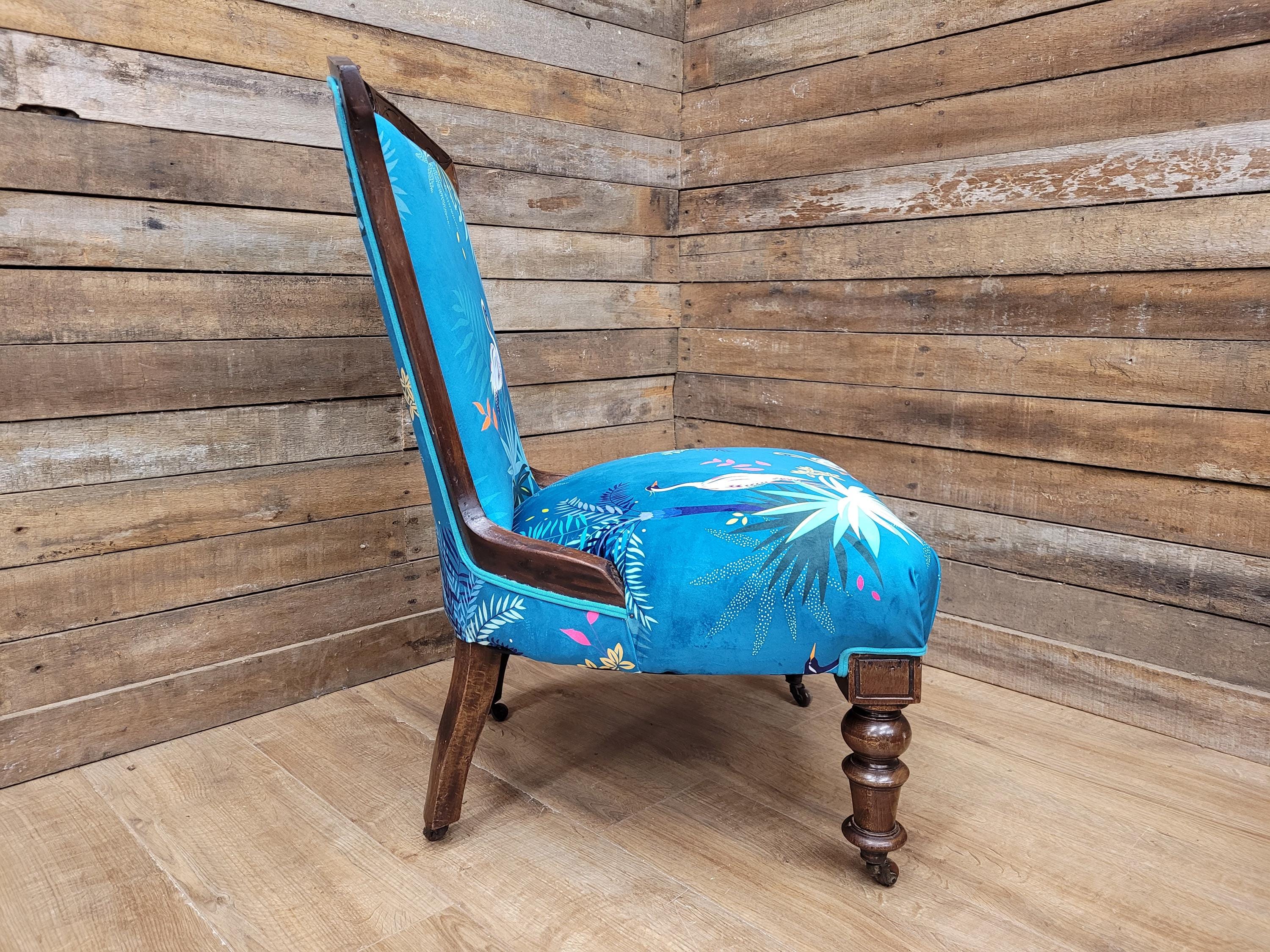 Antique Victorian Walnut Bedroom Chair Designer Upholstered Crane Velvet Fabric