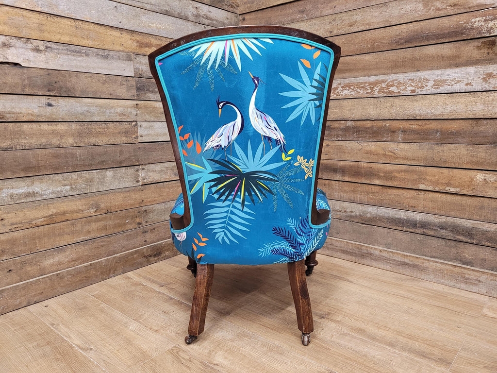 Antique Victorian Walnut Bedroom Chair Designer Upholstered Crane Velvet Fabric