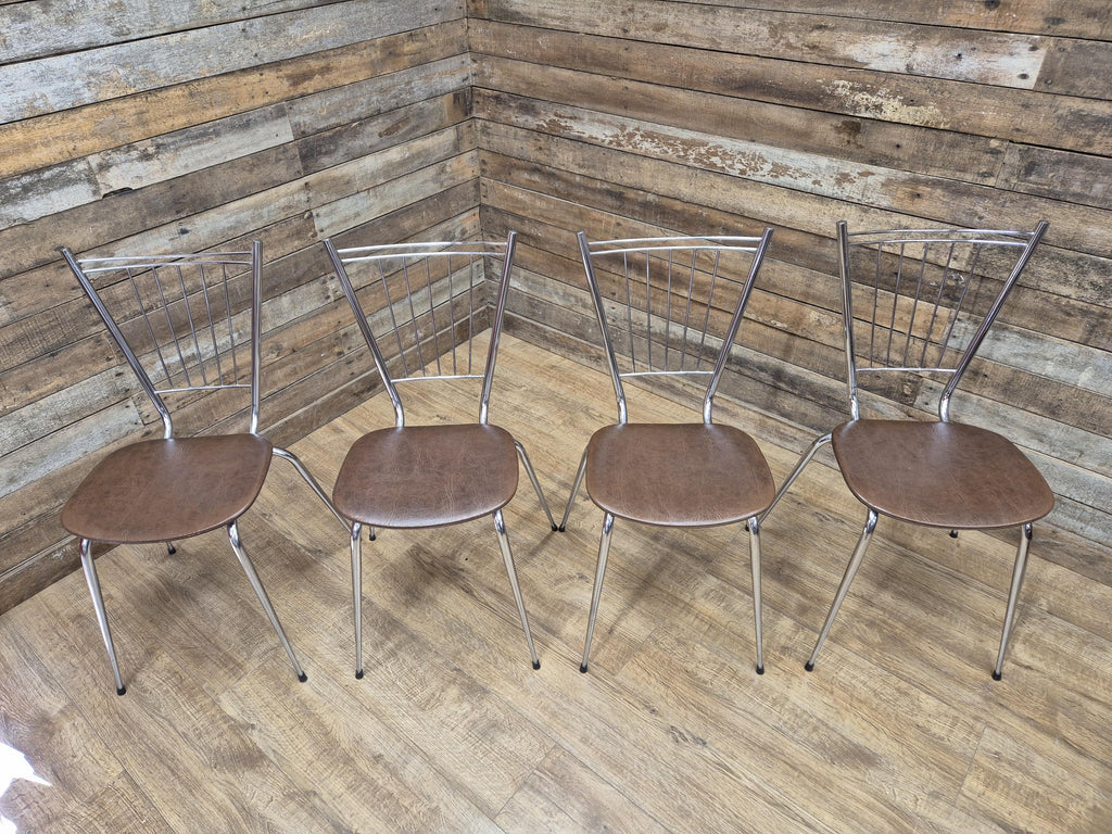 Four Retro Chrome Bistro Stacking Chairs Faux Tan Leather Seats Tubular Legs