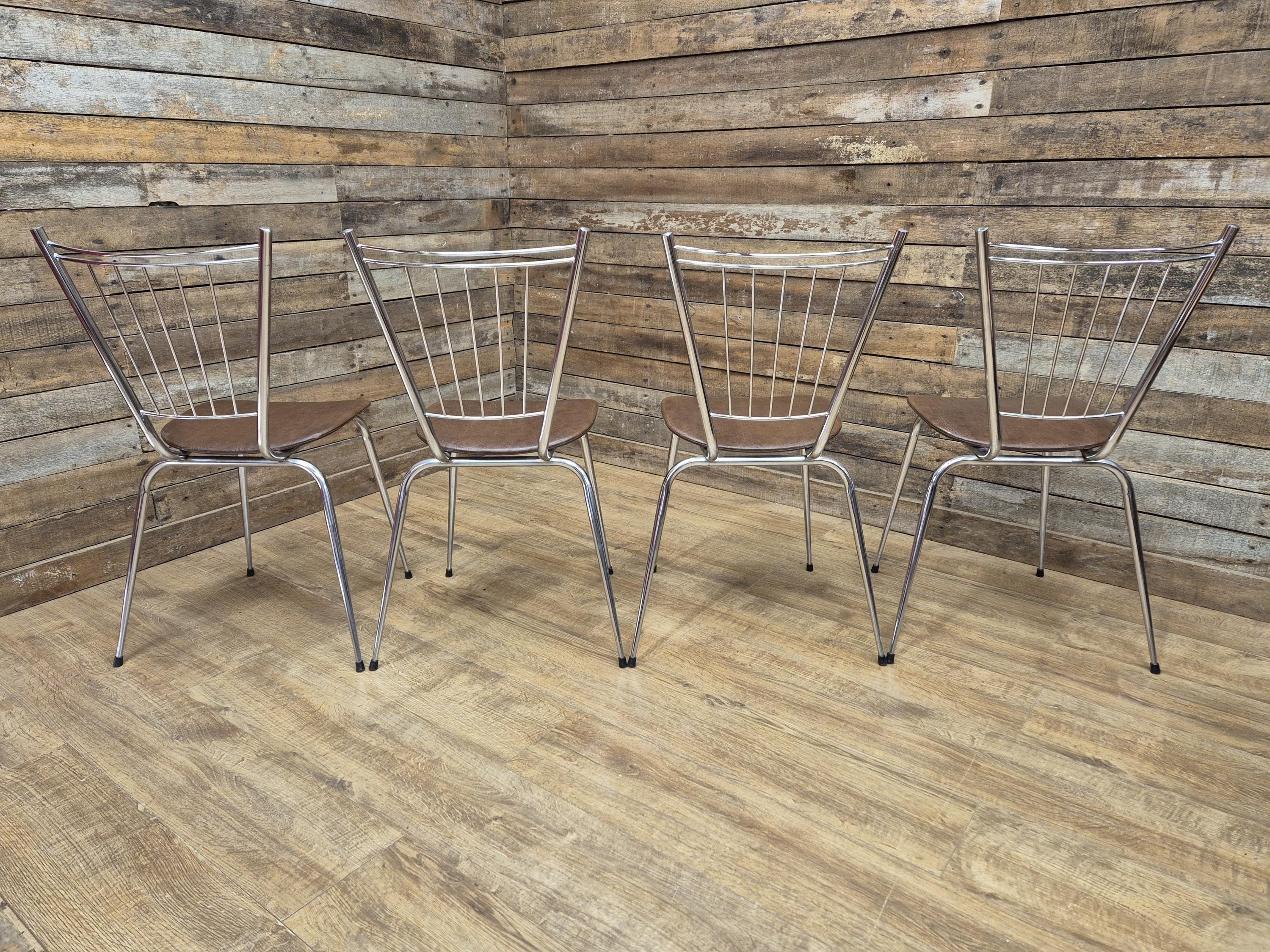 Four Retro Chrome Bistro Stacking Chairs Faux Tan Leather Seats Tubular Legs