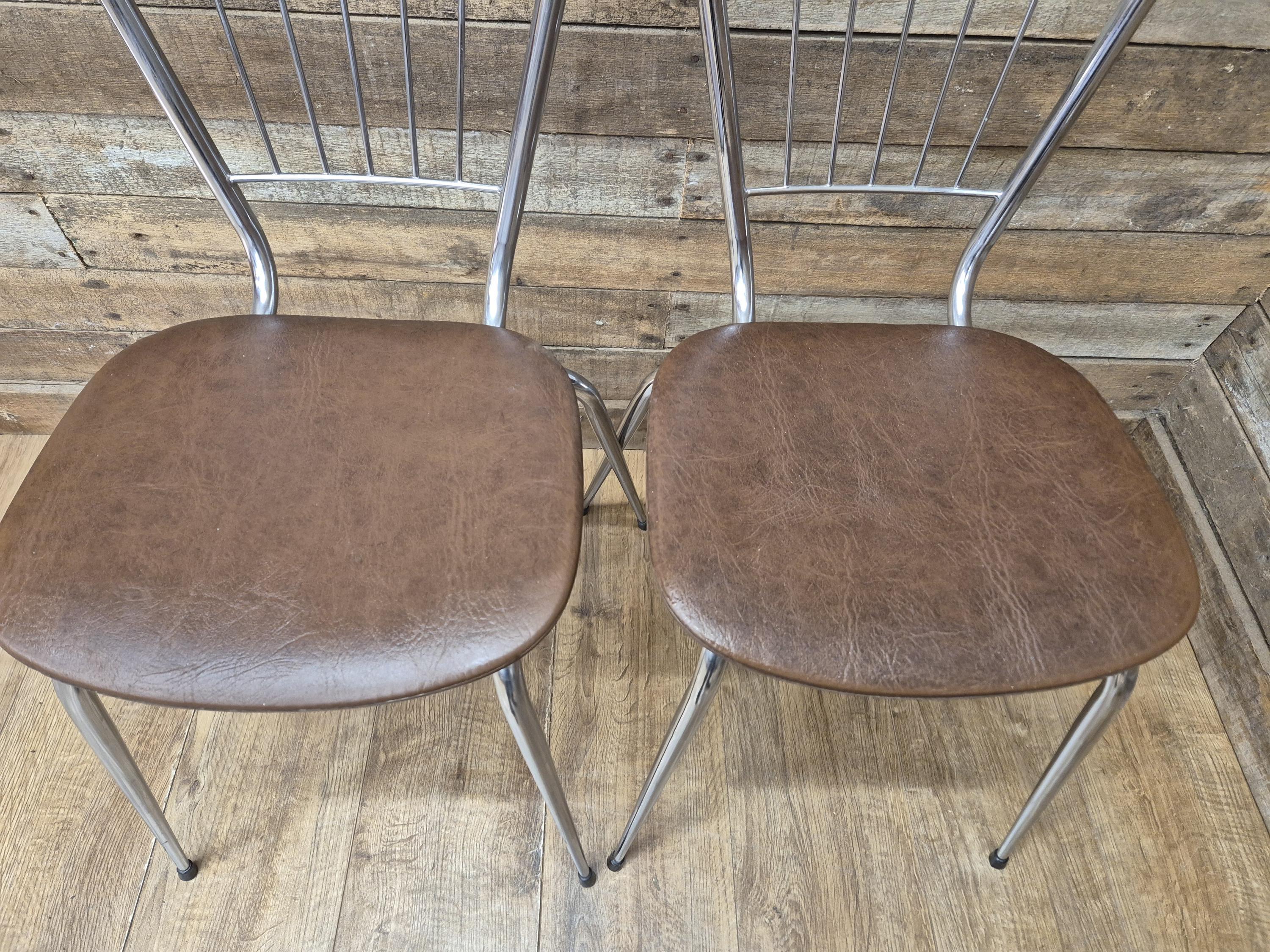 Four Retro Chrome Bistro Stacking Chairs Faux Tan Leather Seats Tubular Legs