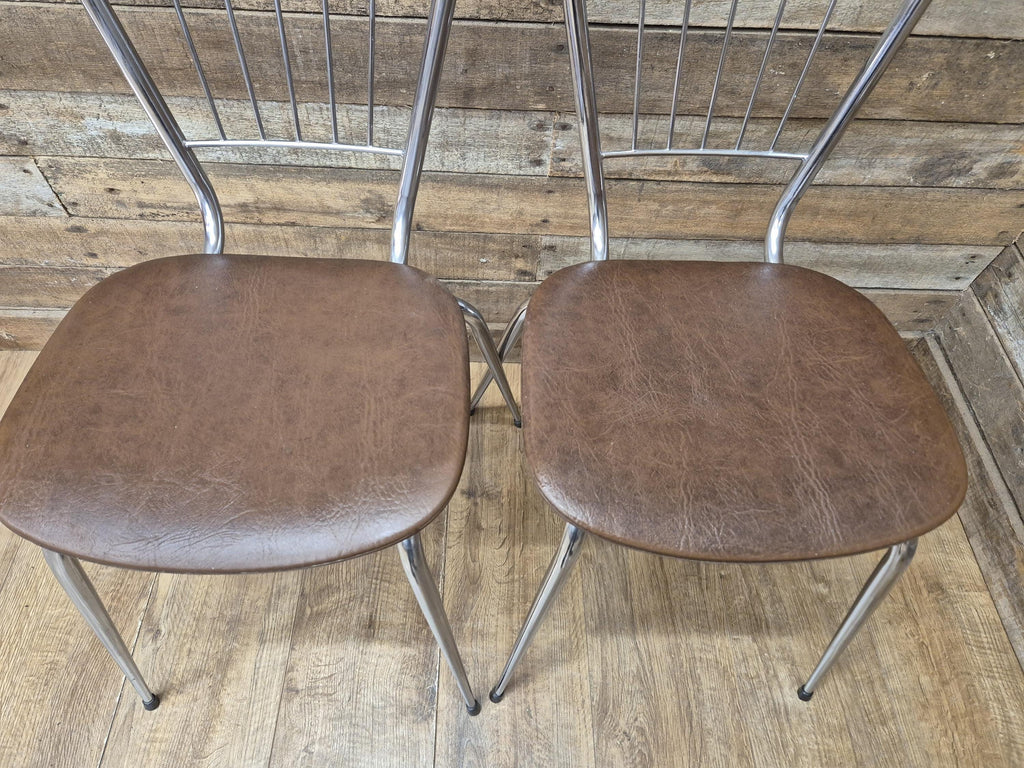 Four Retro Chrome Bistro Stacking Chairs Faux Tan Leather Seats Tubular Legs