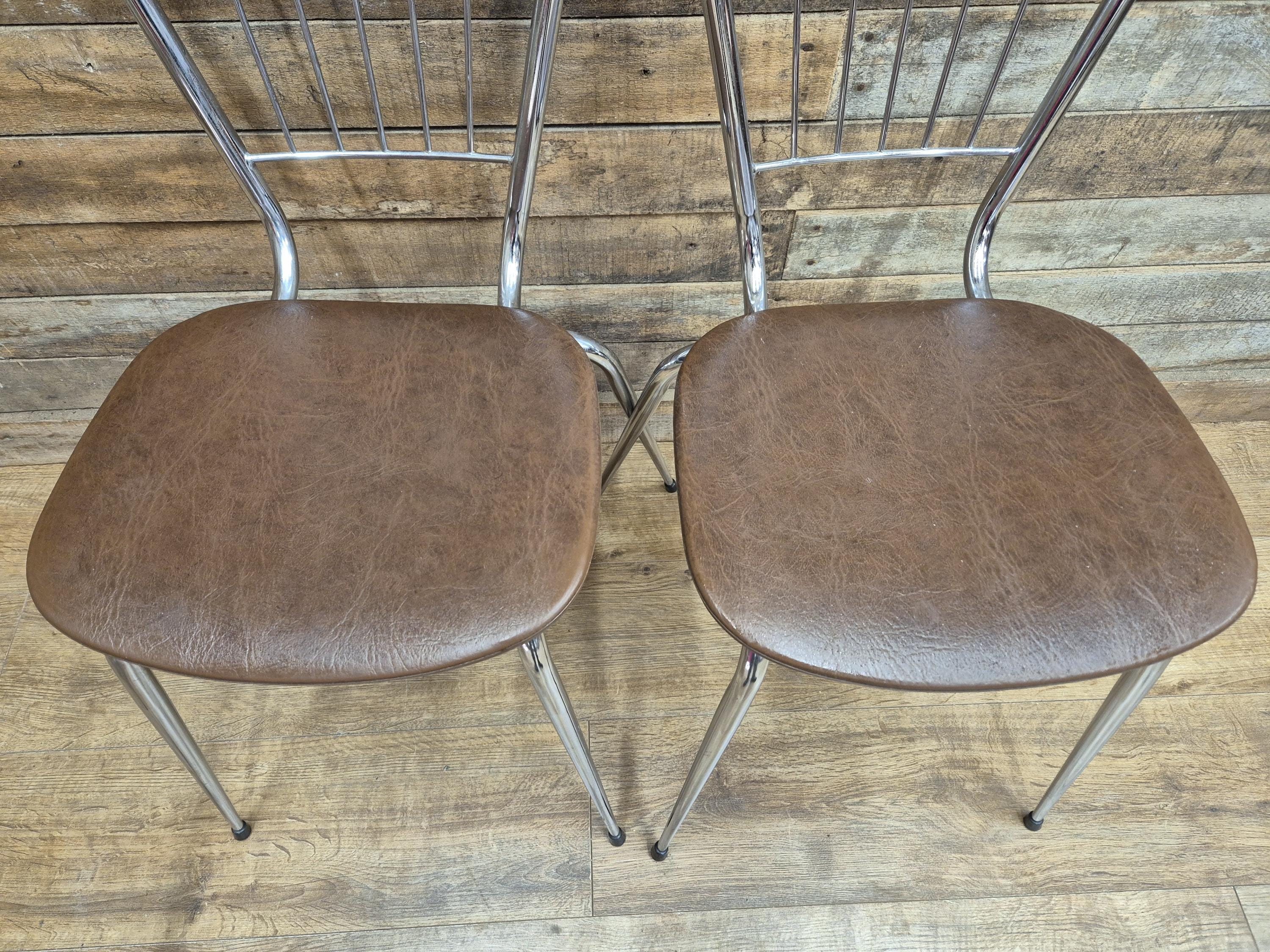 Four Retro Chrome Bistro Stacking Chairs Faux Tan Leather Seats Tubular Legs