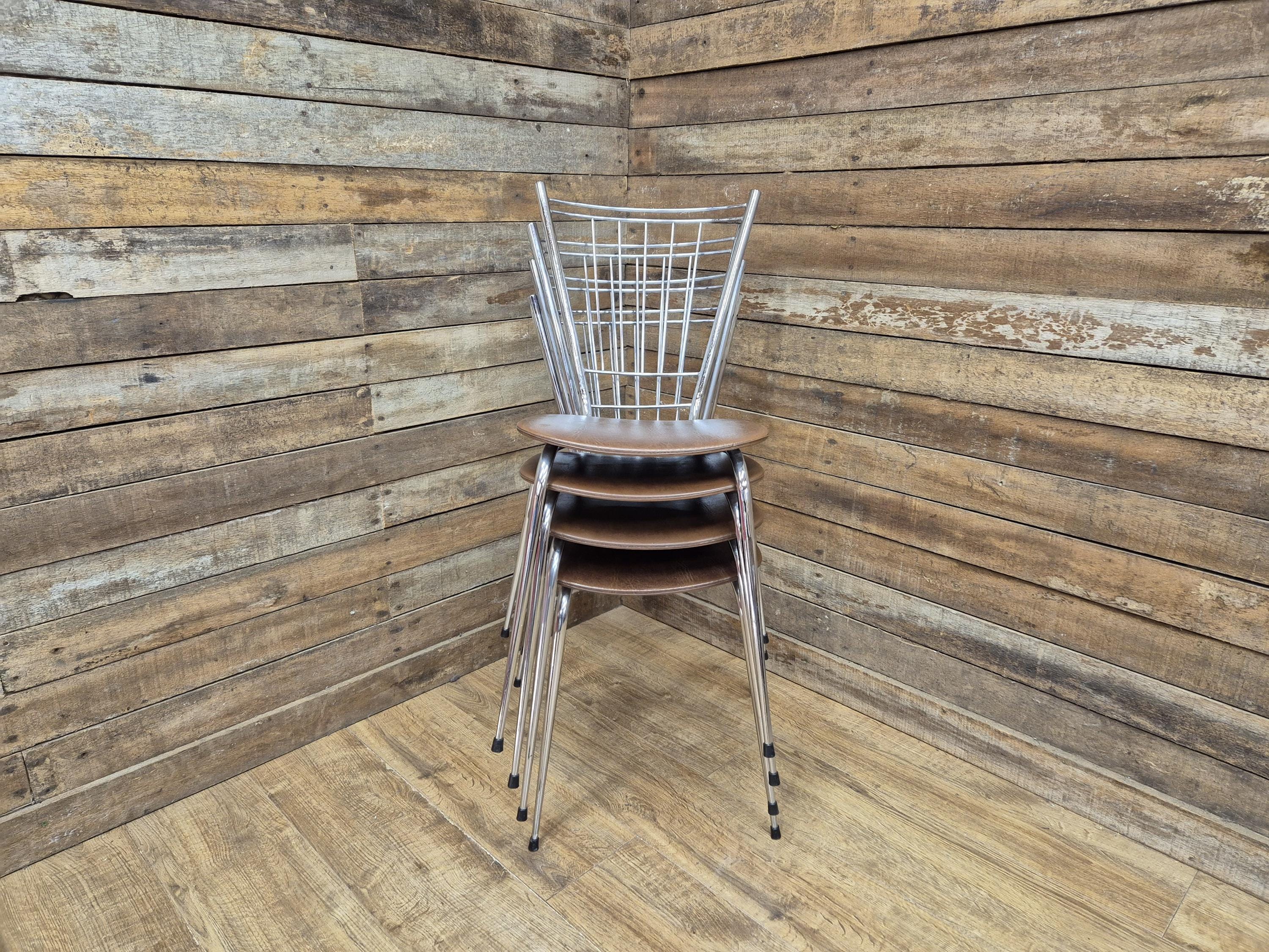 Four Retro Chrome Bistro Stacking Chairs Faux Tan Leather Seats Tubular Legs