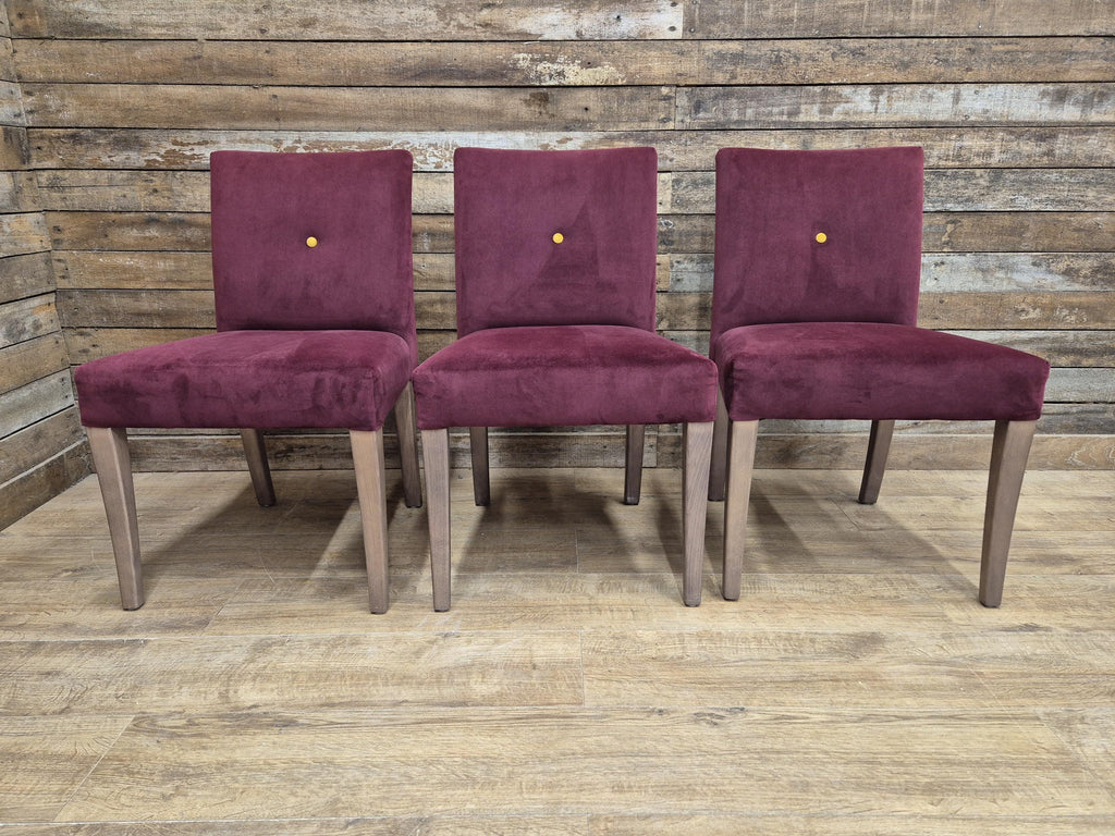 Six Vintage Claret Velour Fabric Dining Chairs Contrasting Yellow Button