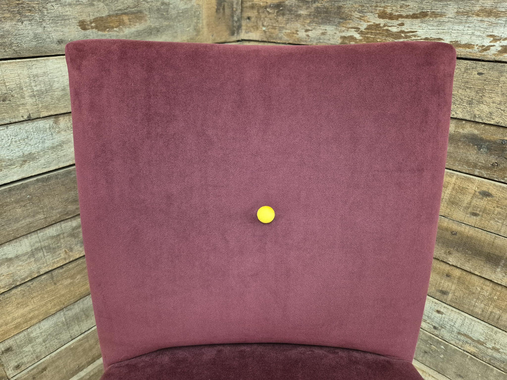 Six Vintage Claret Velour Fabric Dining Chairs Contrasting Yellow Button