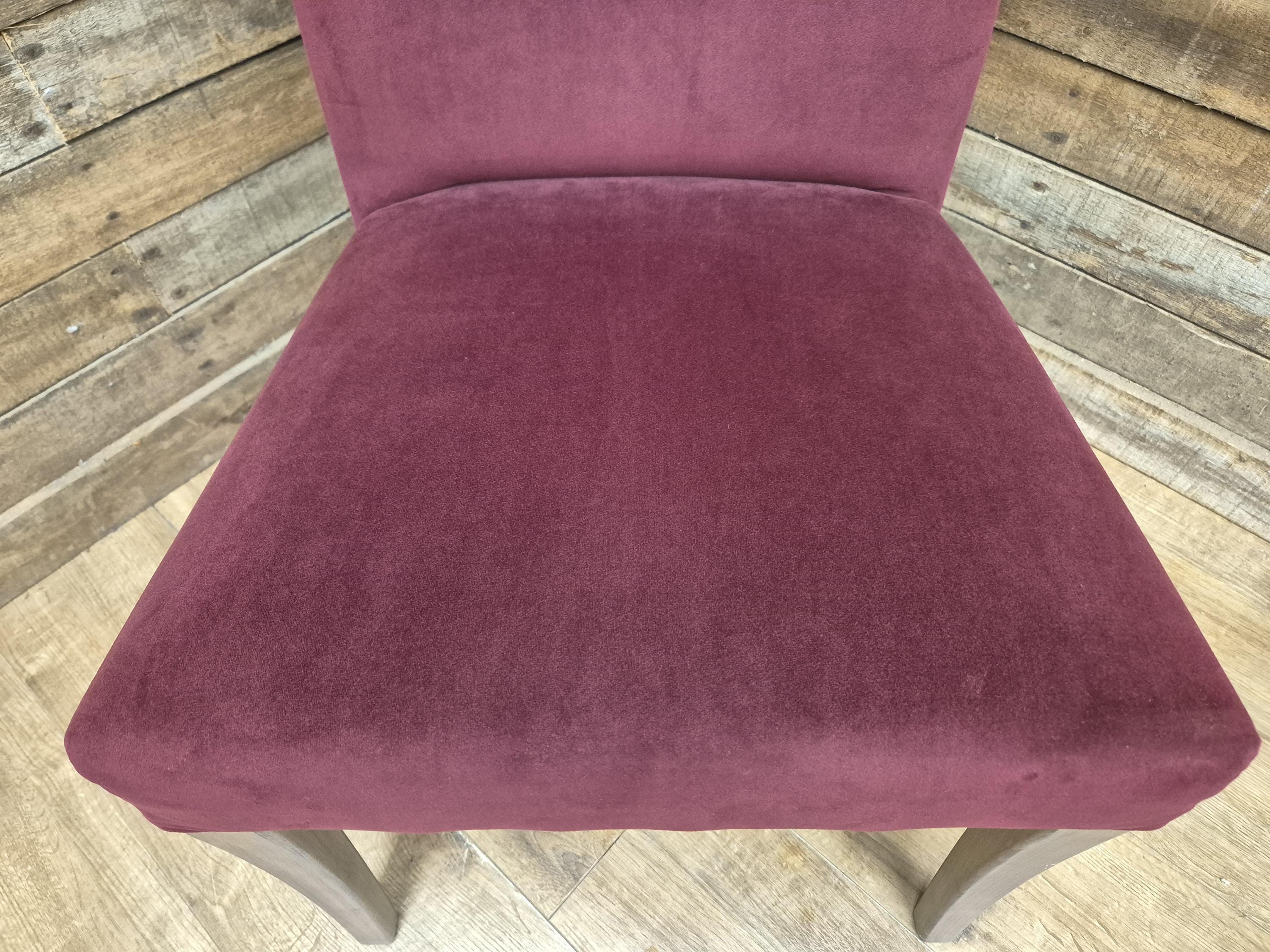 Six Vintage Claret Velour Fabric Dining Chairs Contrasting Yellow Button