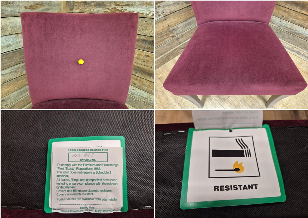 Six Vintage Claret Velour Fabric Dining Chairs Contrasting Yellow Button
