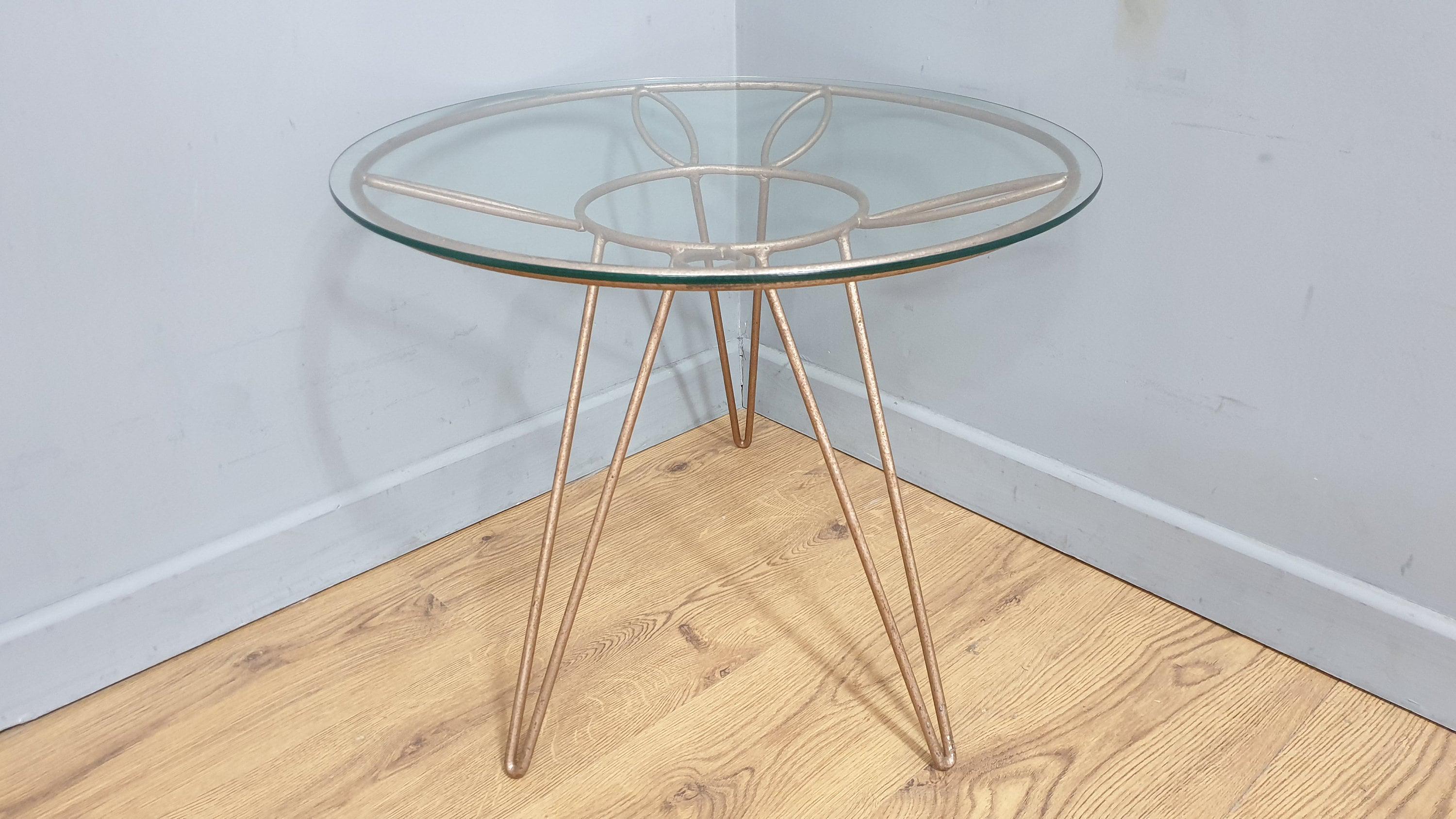 Mid Century Retro Style Tri Legged Glass Topped Coffee End Table Hairpin Legs