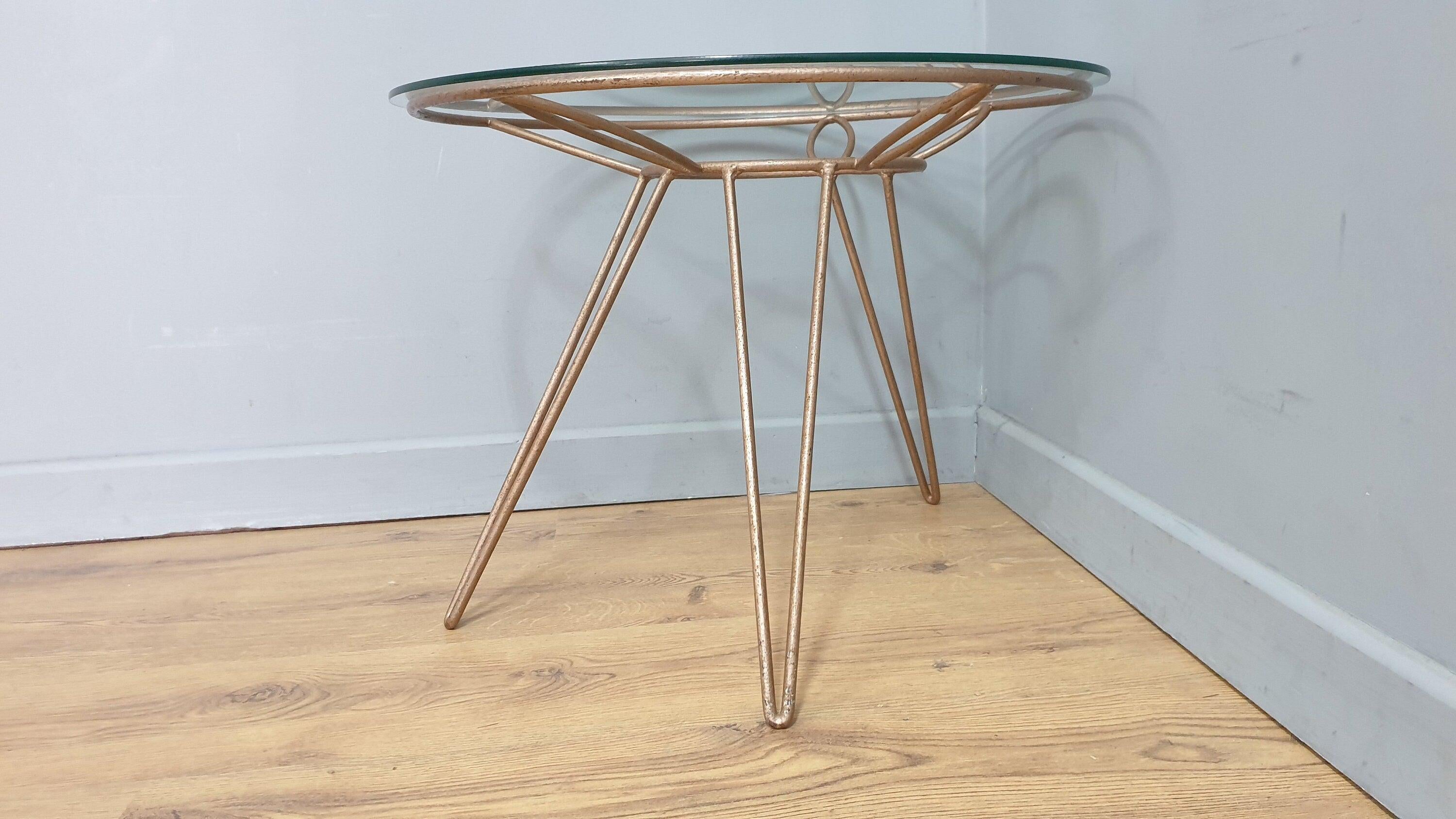 Mid Century Retro Style Tri Legged Glass Topped Coffee End Table Hairpin Legs