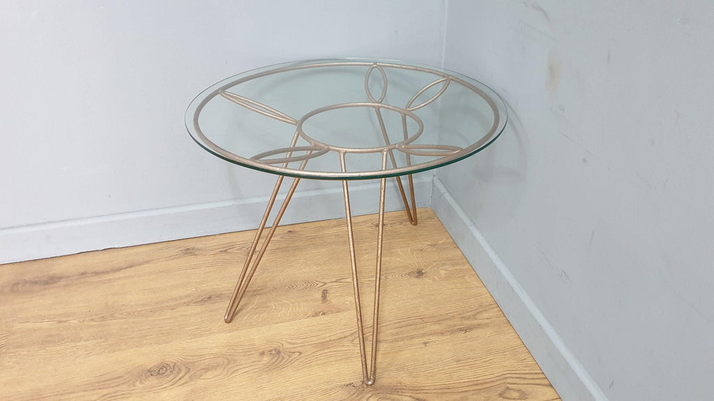 Mid Century Retro Style Tri Legged Glass Topped Coffee End Table Hairpin Legs