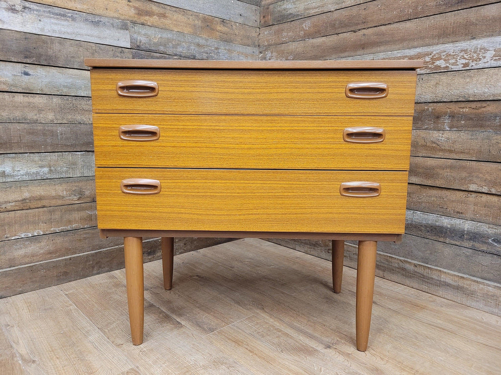 Three Drawer Mid Century Schreiber Vintage Chest of Drawers Pin Legs
