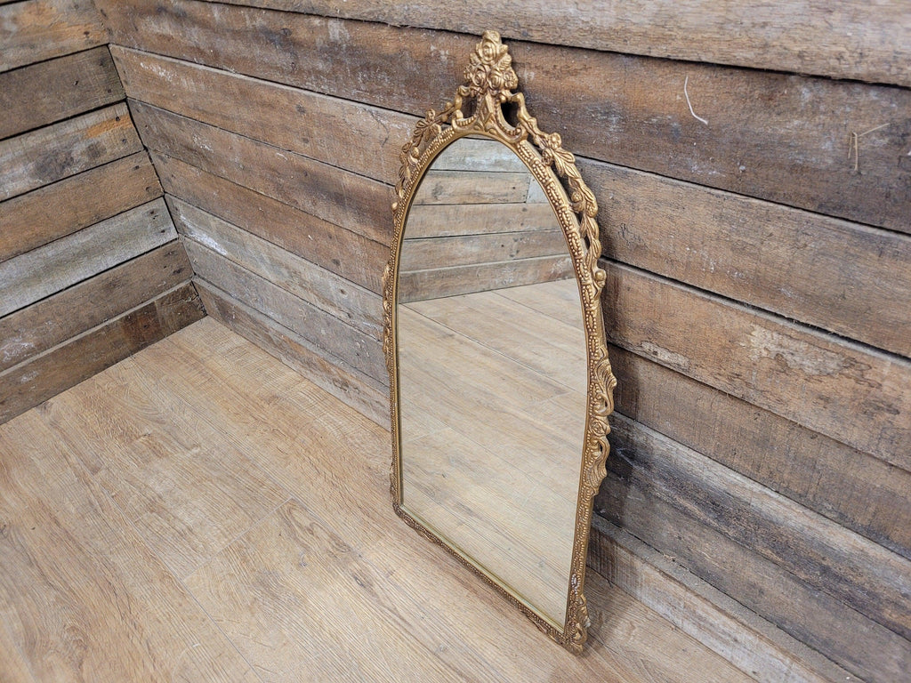 Vintage Arched Gilt Gold Style Metal Floral Moulded Bathroom Mantle Wall Mirror