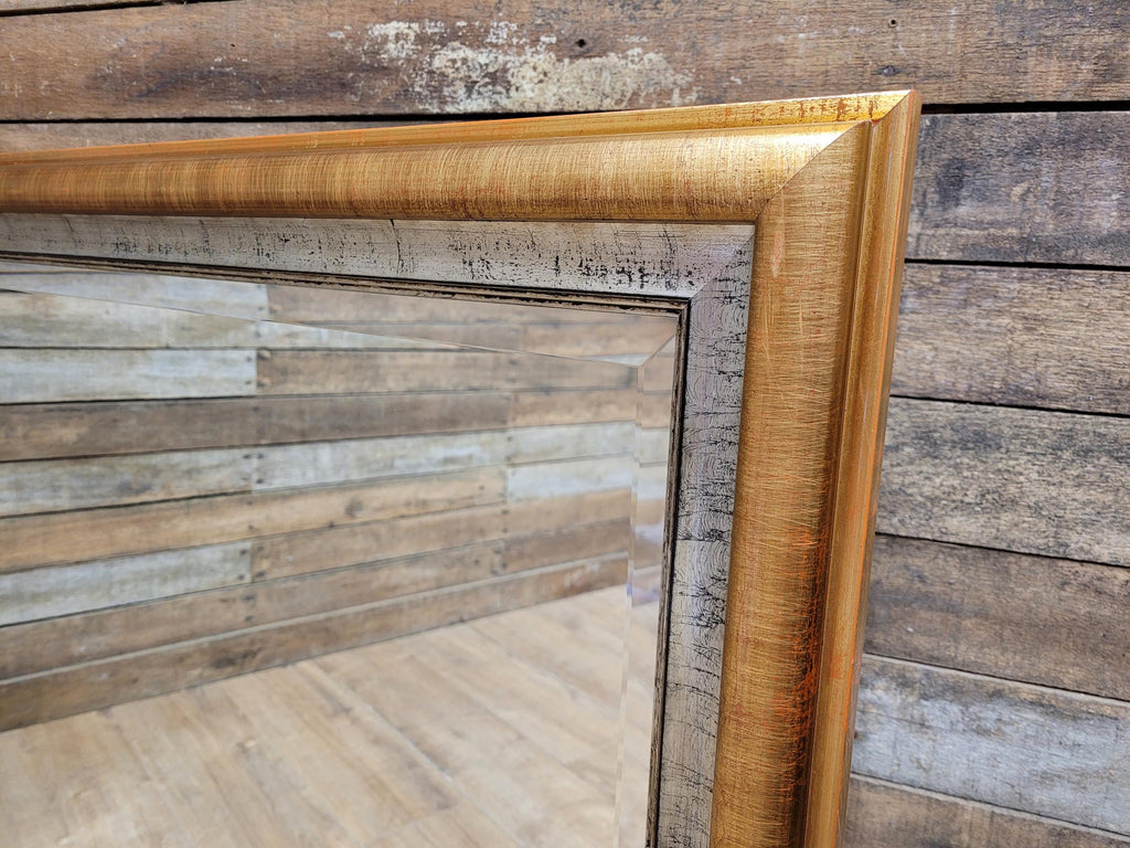 Large Vintage Bevel Edged Gold And Silver Distressed Framed Over Mantle Mirror