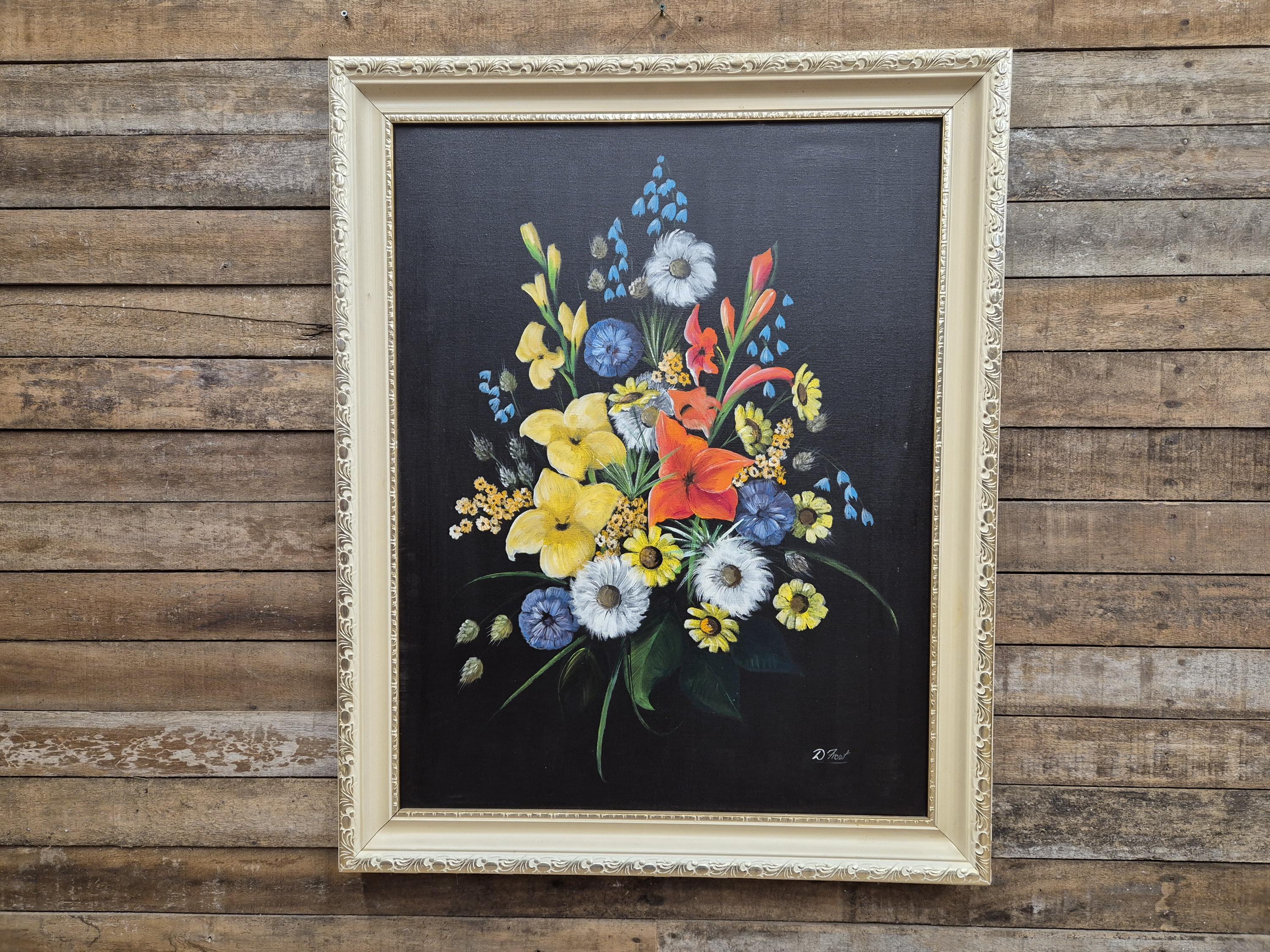 Mid Century Original Signed Framed Painting Of Still Life Flowers