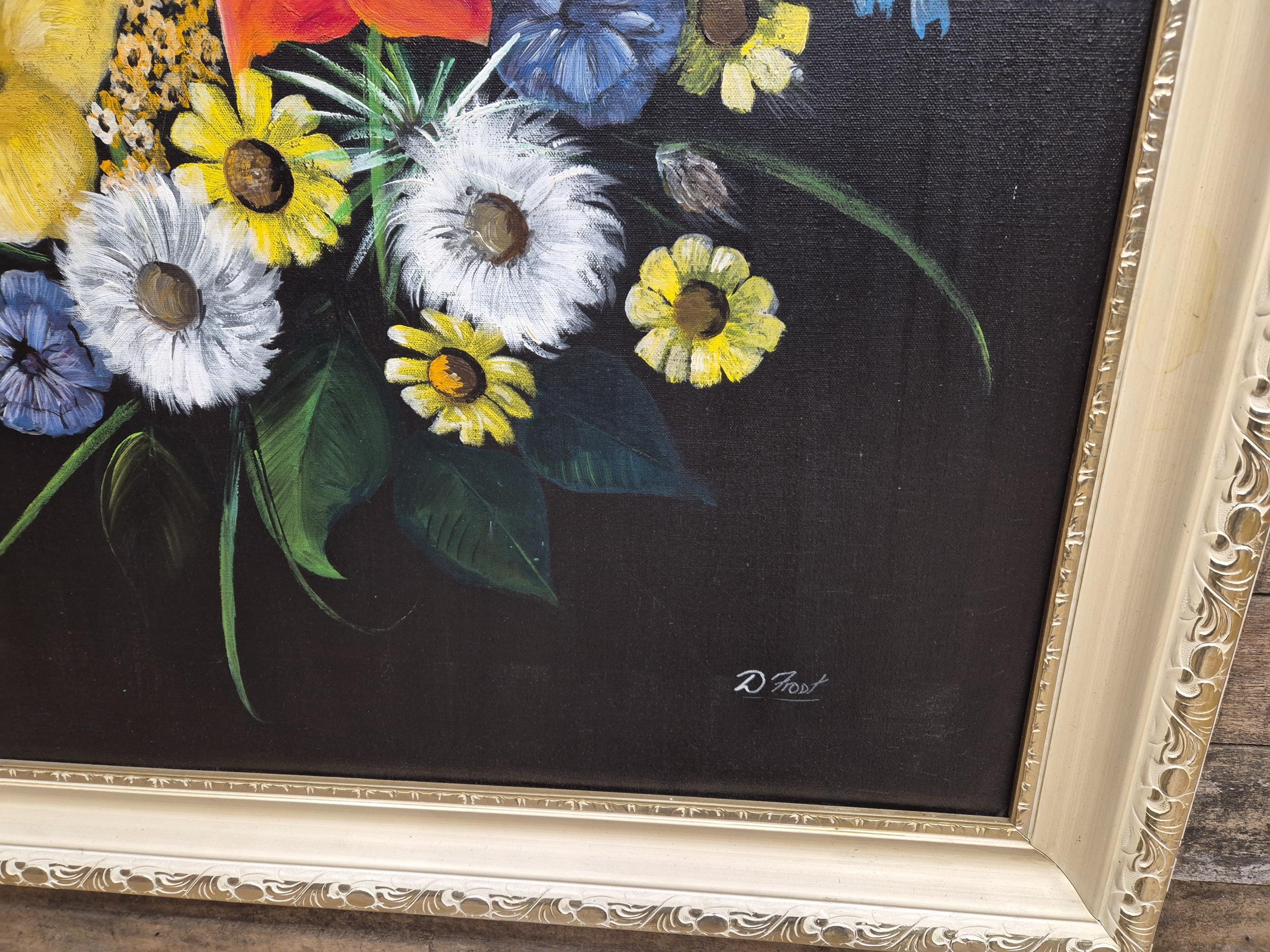 Mid Century Original Signed Framed Painting Of Still Life Flowers