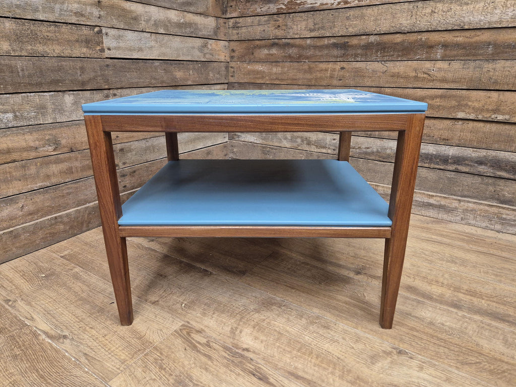 Mid Century Danish Influenced Teak Decoupaged Up Cycled Side Table Afromosia