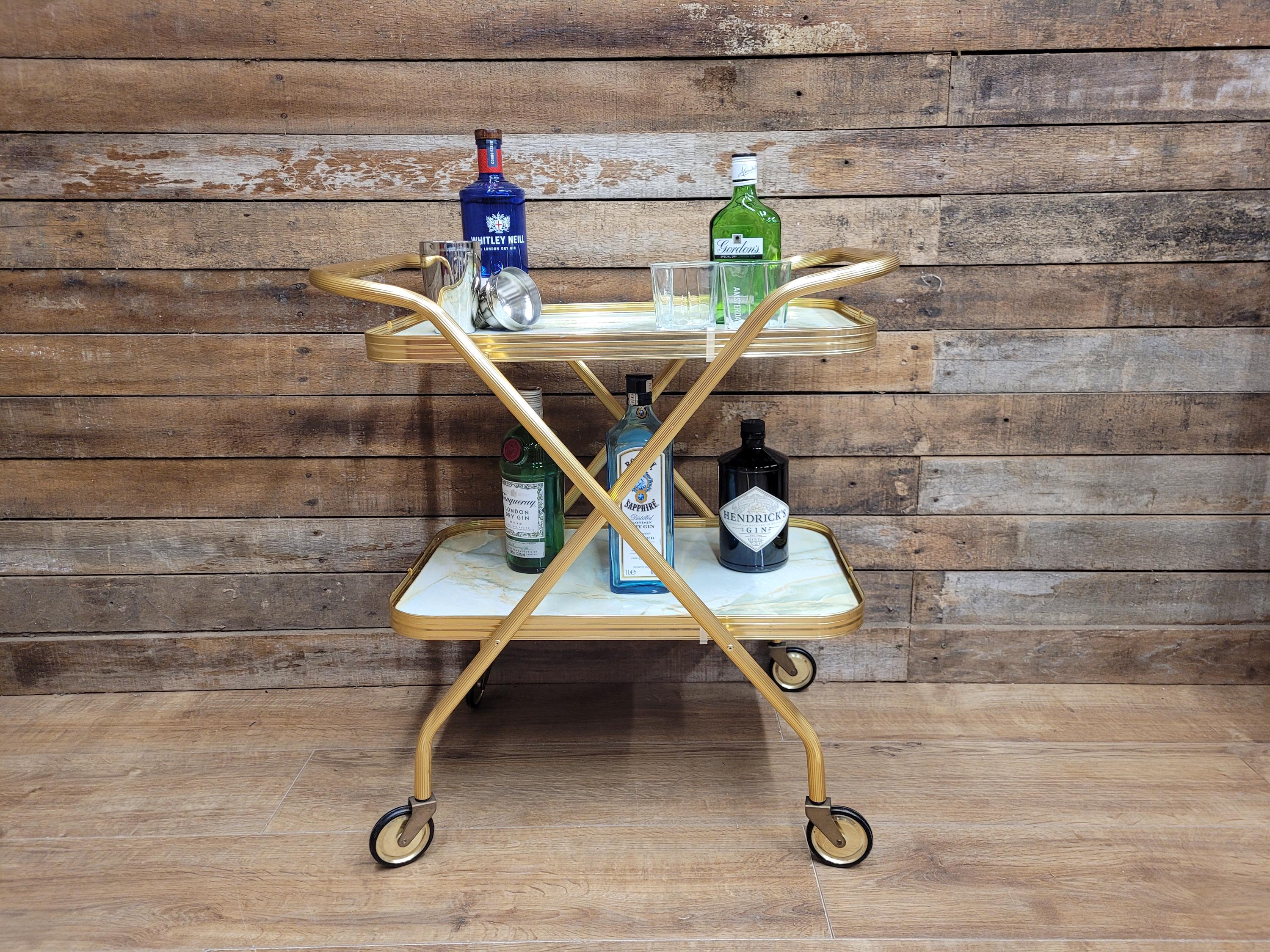 Mid Century Two Tier Retro Drinks Trolley Cocktail Trolley Foldable Vintage