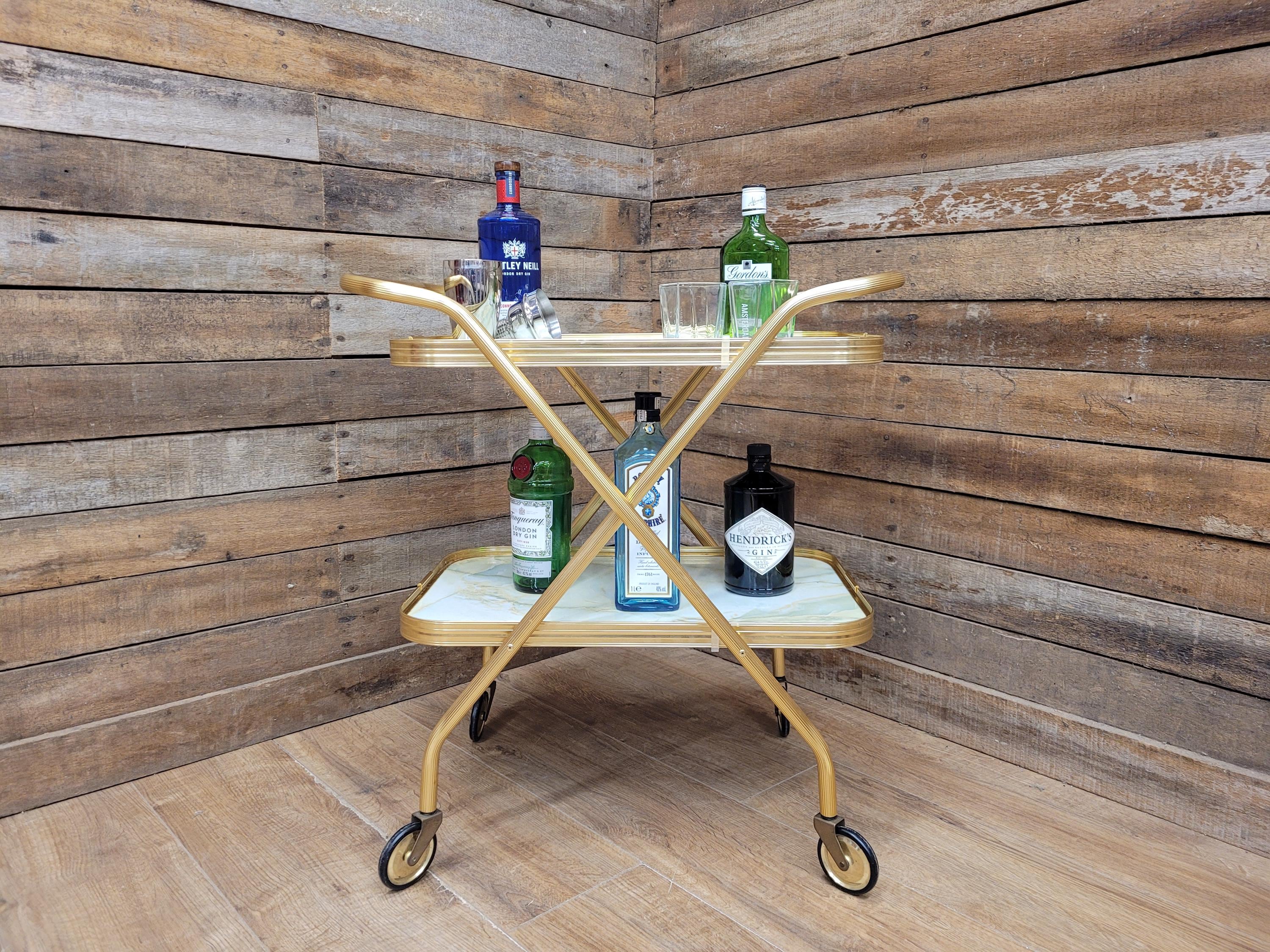 Mid Century Two Tier Retro Drinks Trolley Cocktail Trolley Foldable Vintage