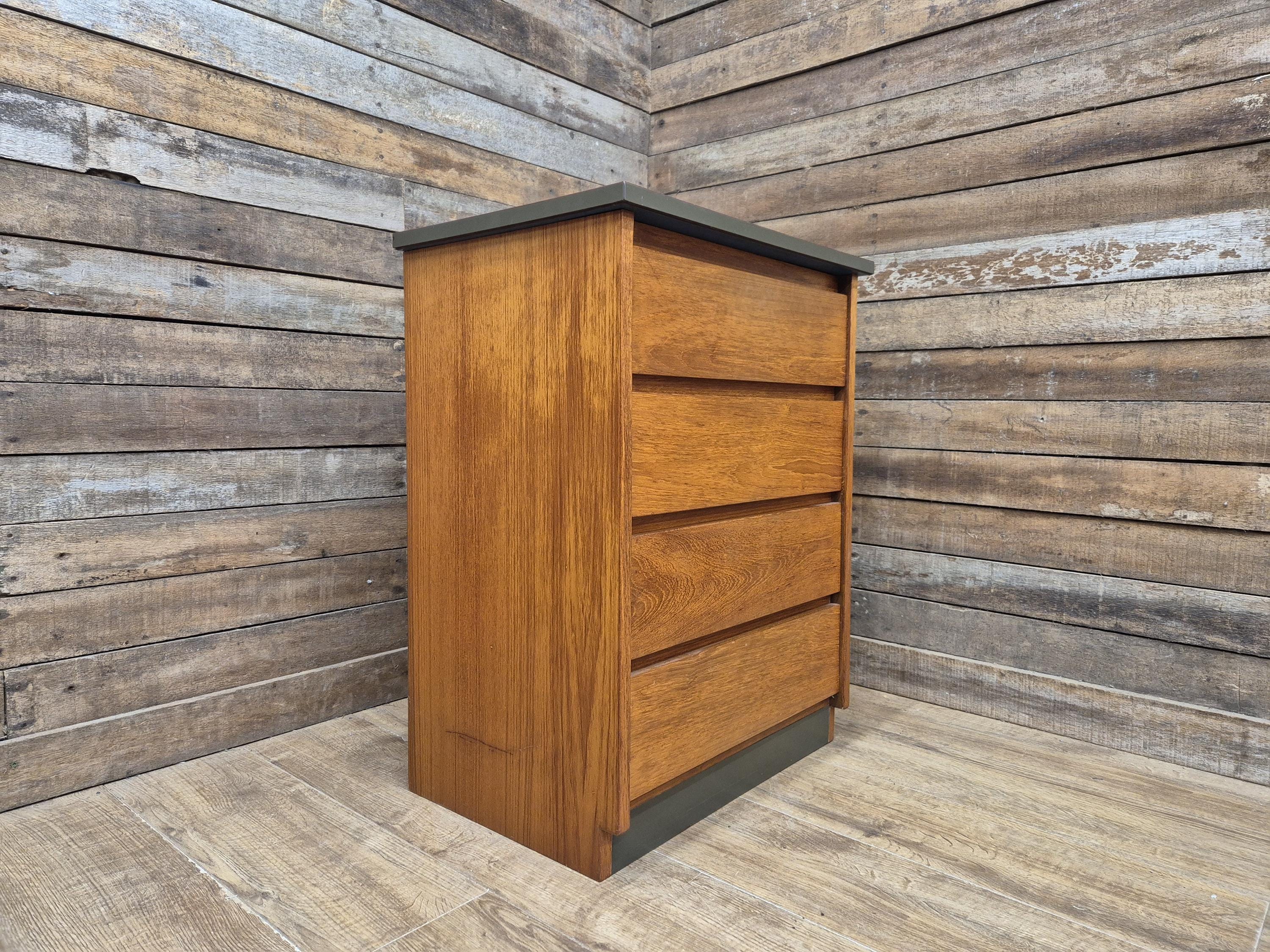 Mid Century Teak Chest of Drawers Olive Grey Green Melamine Top Retro Cabinet