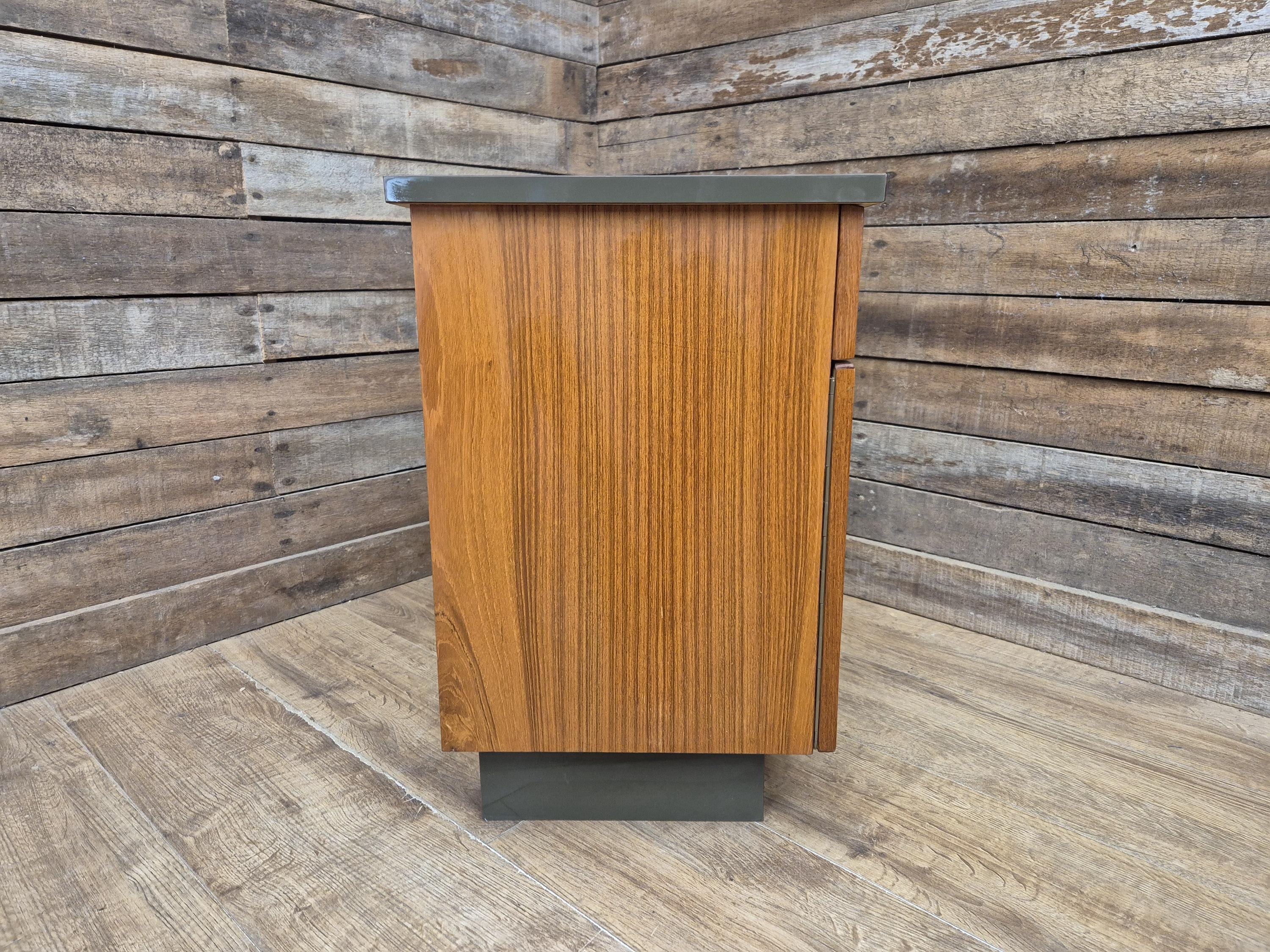 Mid Century Teak Bedside Cabinet Olive Grey Green Melamine Top Vintage