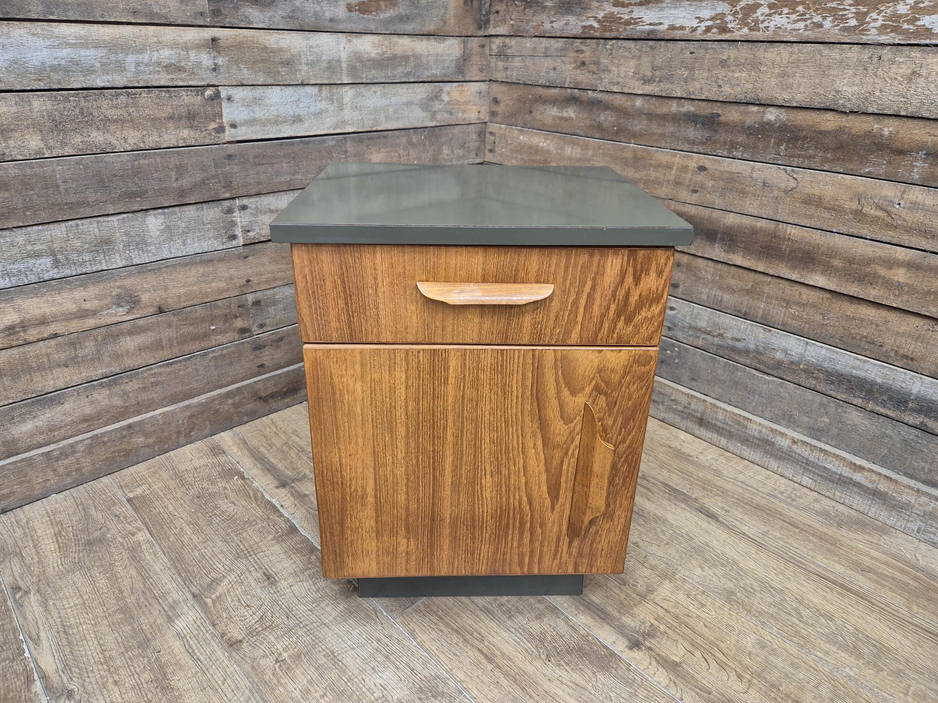 Mid Century Teak Bedside Cabinet Olive Grey Green Melamine Top Vintage