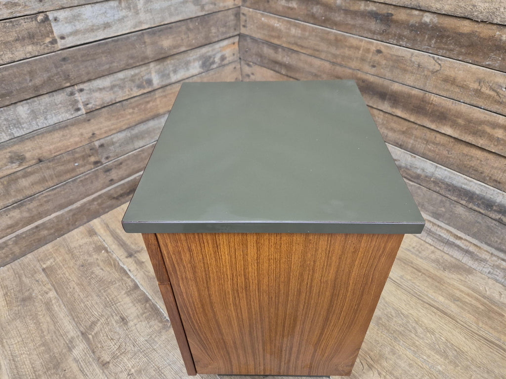 Mid Century Teak Bedside Cabinet Olive Grey Green Melamine Top Vintage