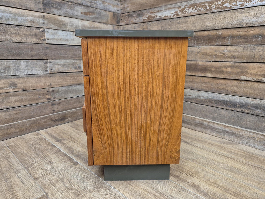 Mid Century Teak Bedside Cabinet Olive Grey Green Melamine Top Vintage