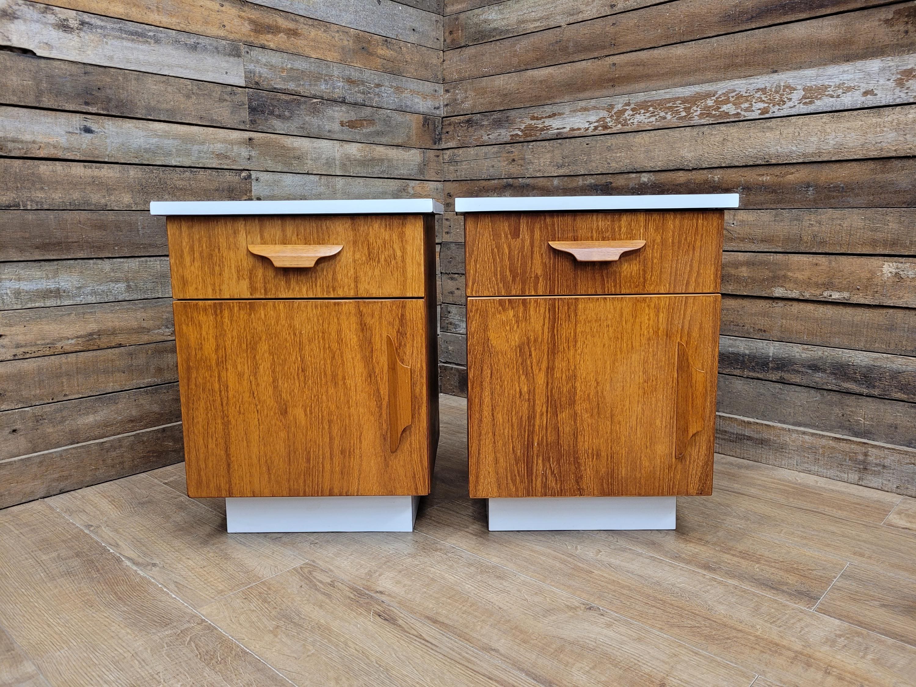 Two Mid Century Teak Bedside Cabinets White Melamine Top Vintage Retro