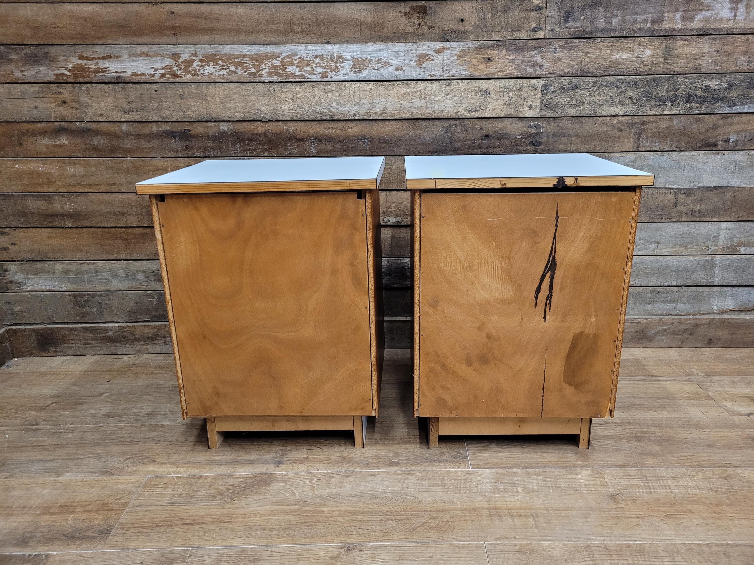 Two Mid Century Teak Bedside Cabinets White Melamine Top Vintage Retro