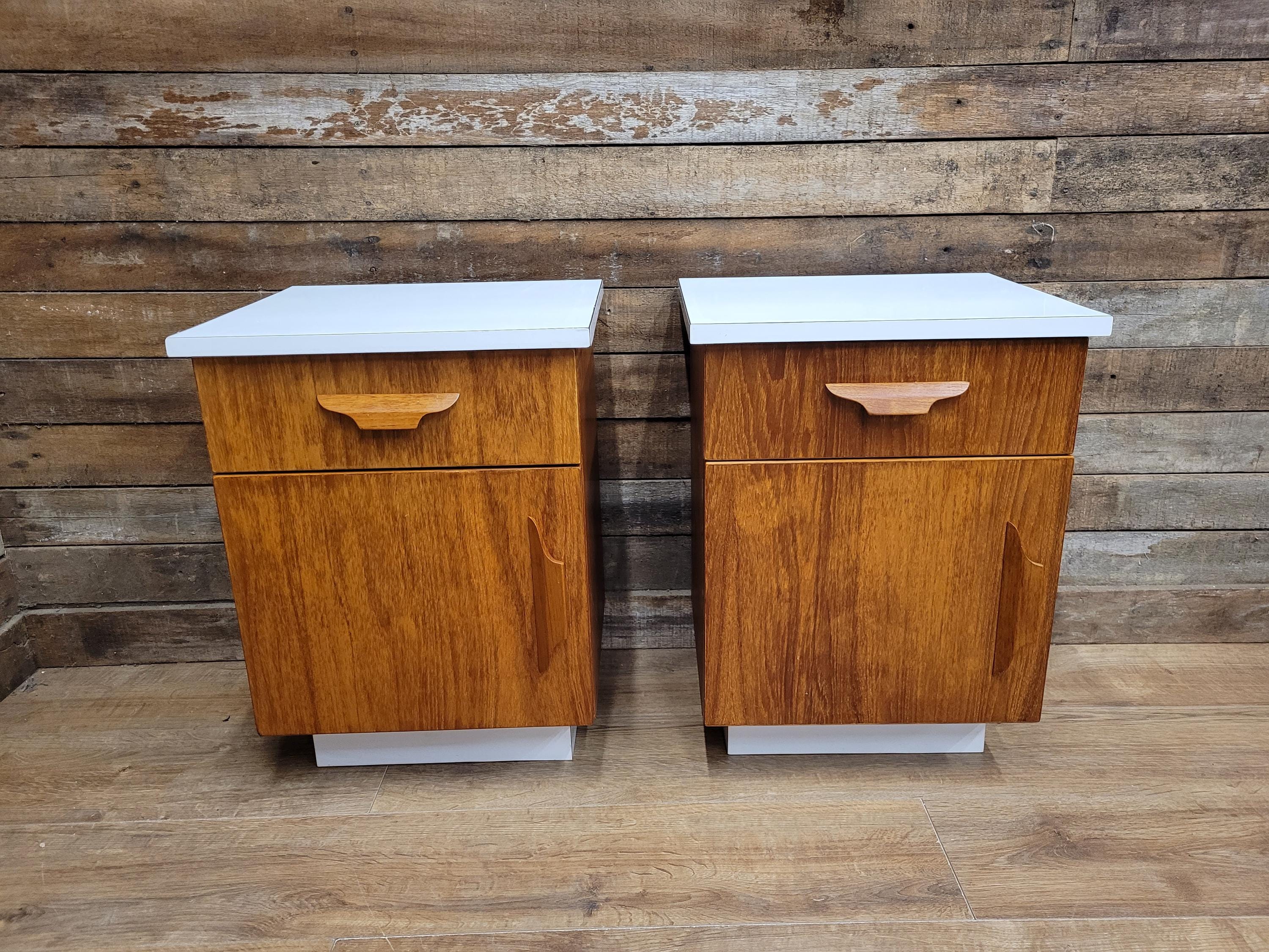Two Mid Century Teak Bedside Cabinets White Melamine Top Vintage Retro