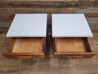 Two Mid Century Teak Bedside Cabinets White Melamine Top Vintage Retro