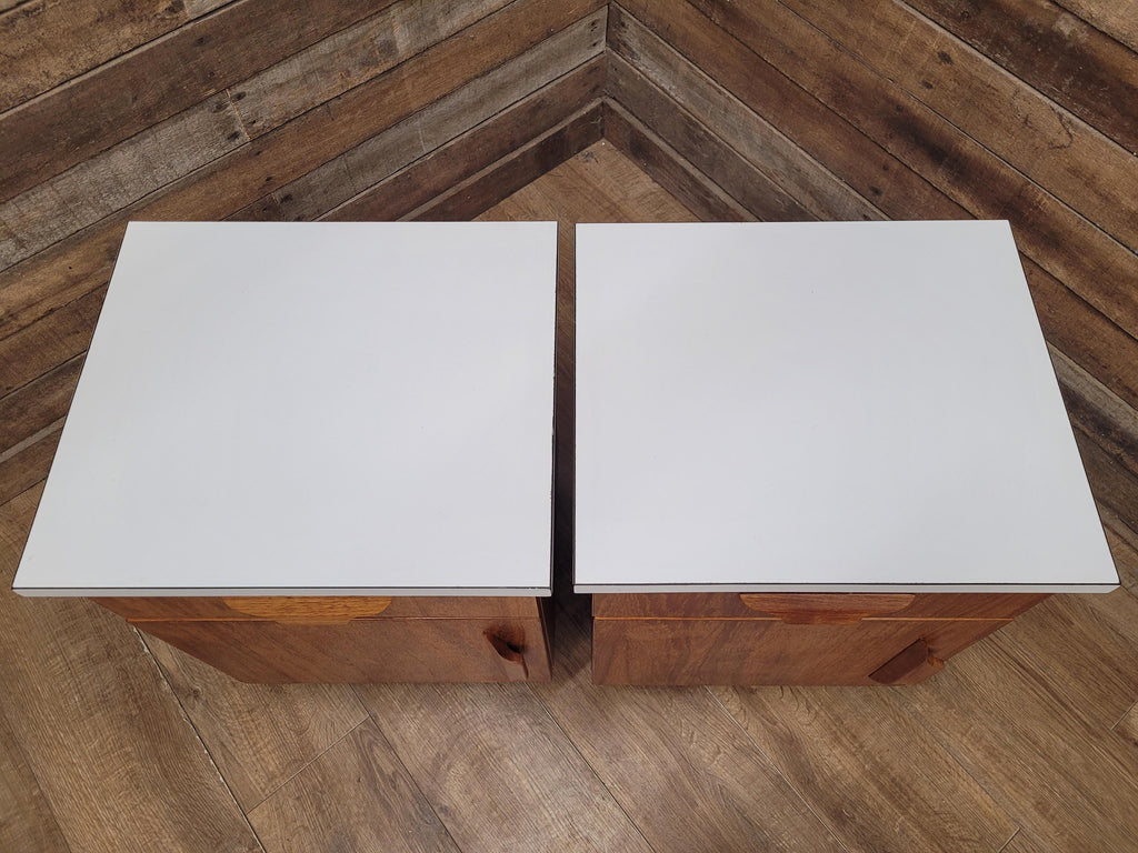 Two Mid Century Teak Bedside Cabinets White Melamine Top Vintage Retro