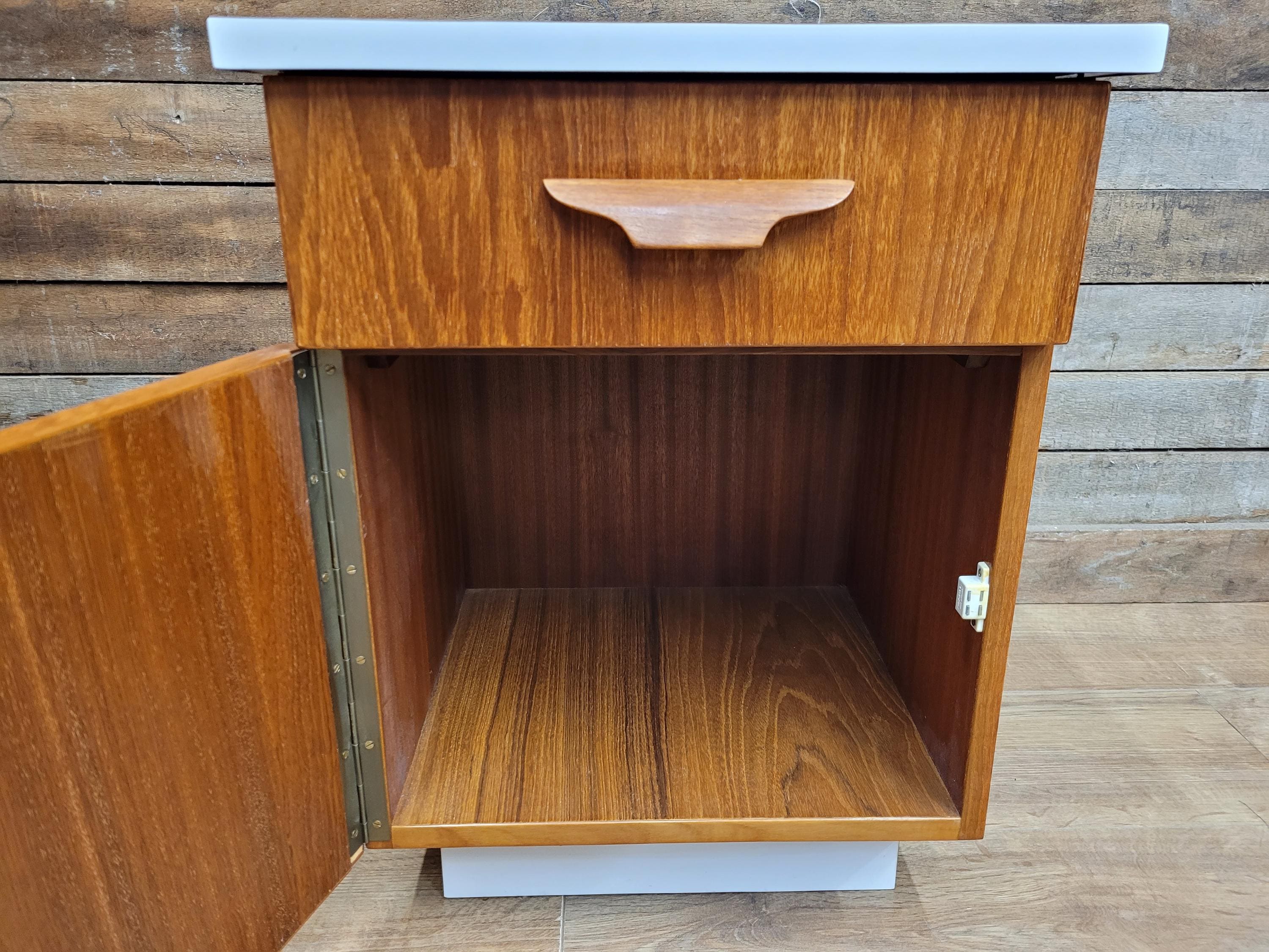 Two Mid Century Teak Bedside Cabinets White Melamine Top Vintage Retro