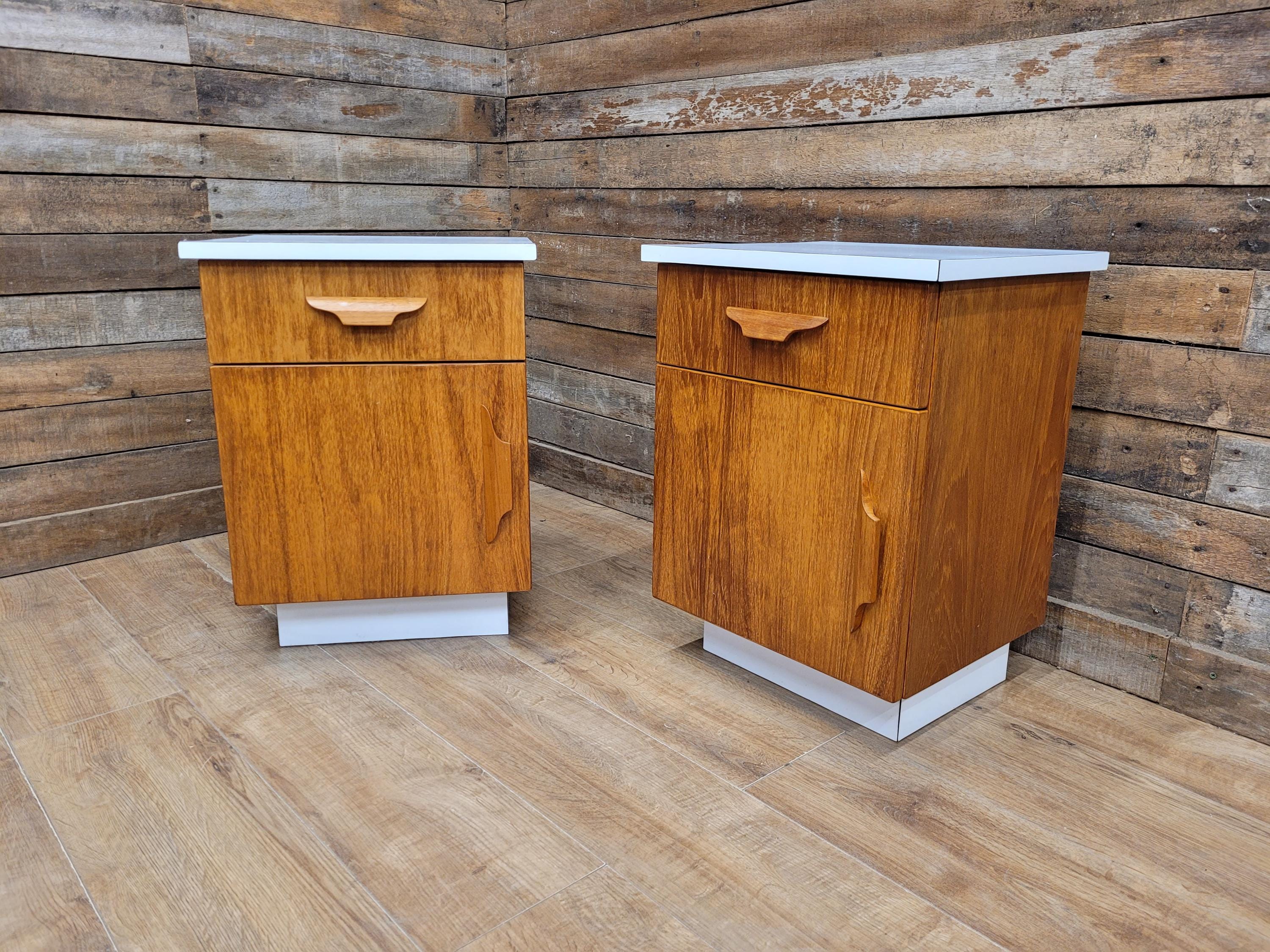 Two Mid Century Teak Bedside Cabinets White Melamine Top Vintage Retro