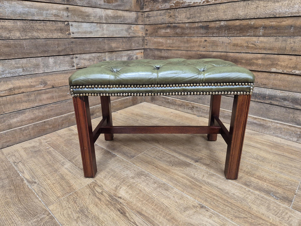 Green Button Tufted Leather Chesterfield Bench Stool with Stud Detail Wood Base